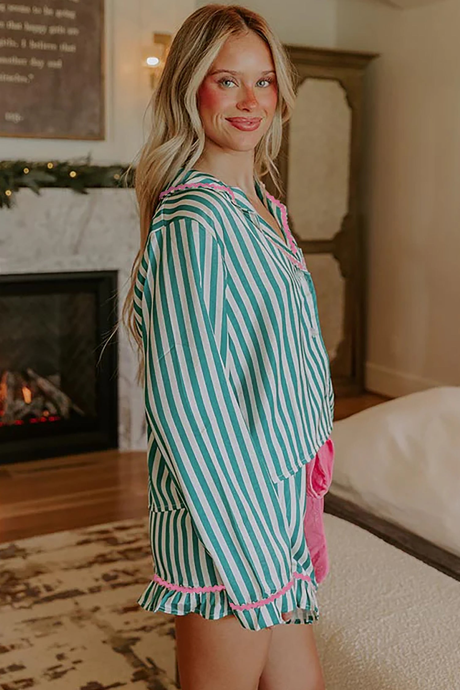 Long Sleeve Shirt Drawstring Ruffled Pajama Short Set