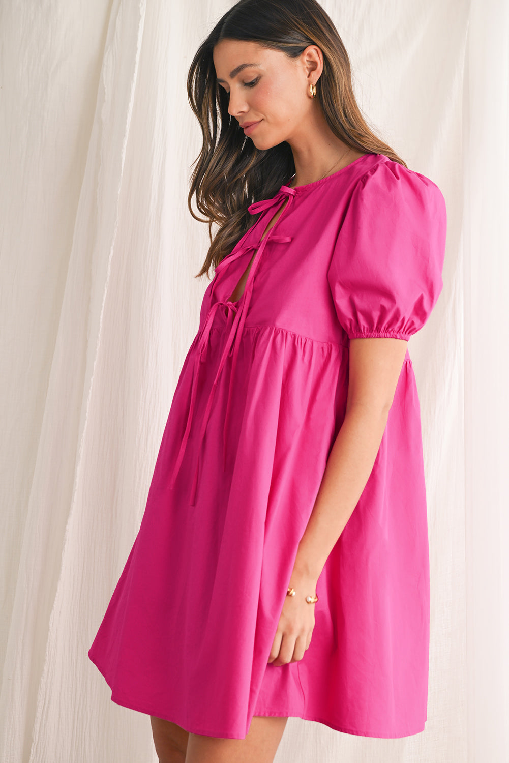 Tie Front Puff Sleeve Mini Dress