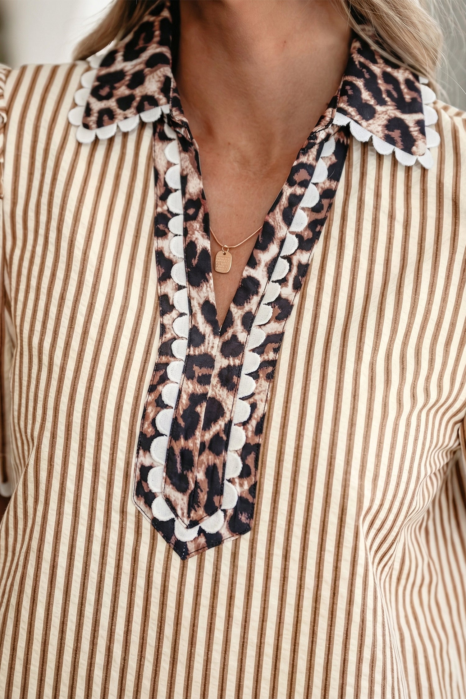 Stripe Short Puff Sleeve Leopard Blouse