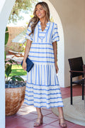 Stripe Ricrac Trim Notched Neck Half Sleeve Vacation Dress