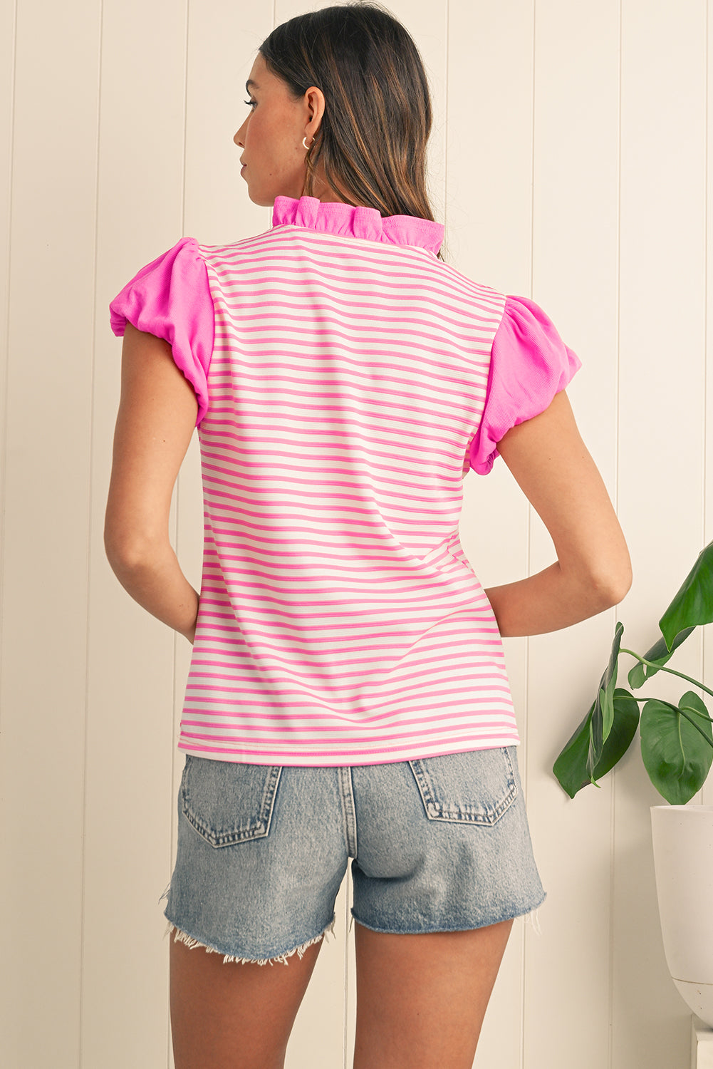 Puff Sleeve Pop of Color  Blouse