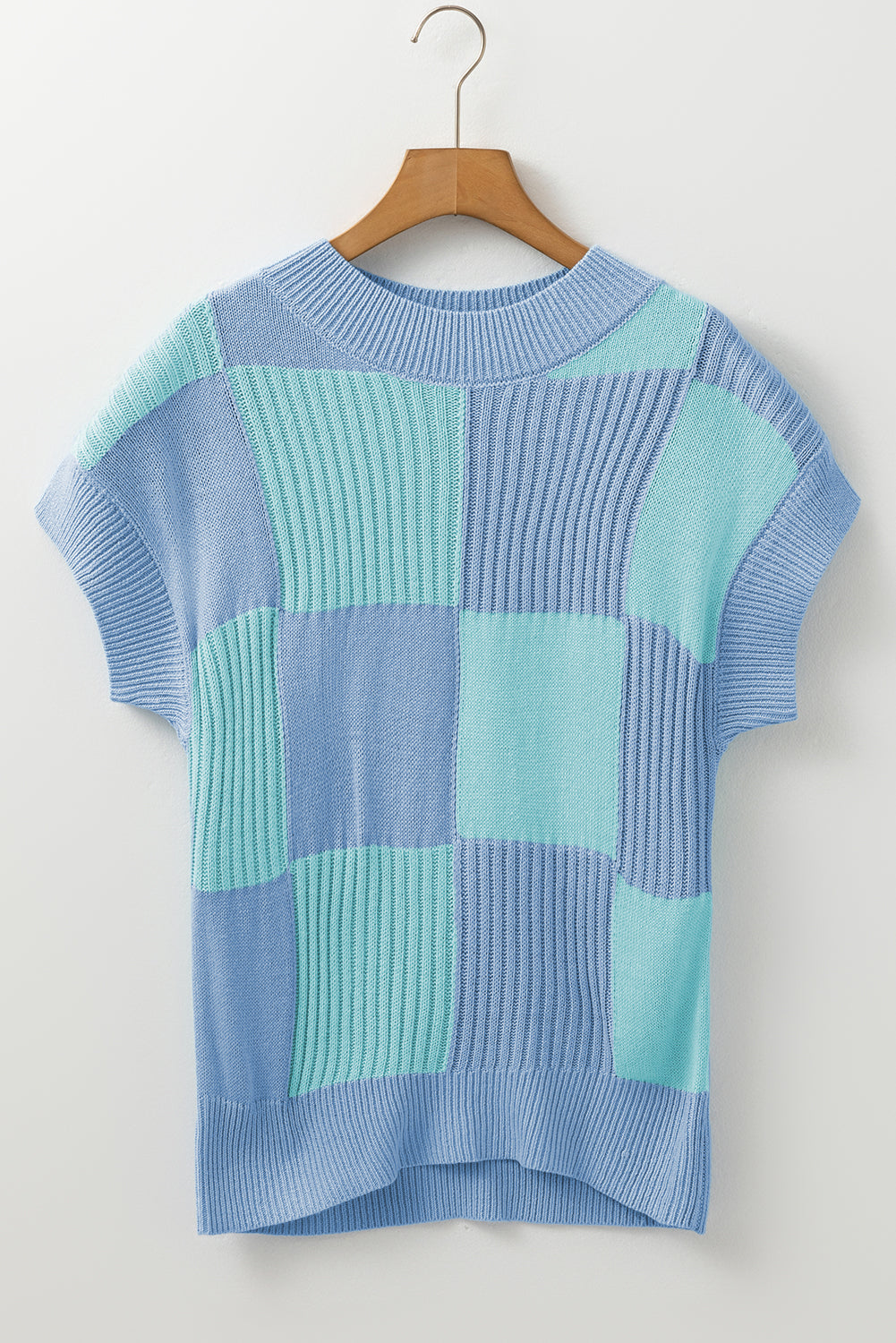 Checkered Crew Neck Short Sleeve Sweater