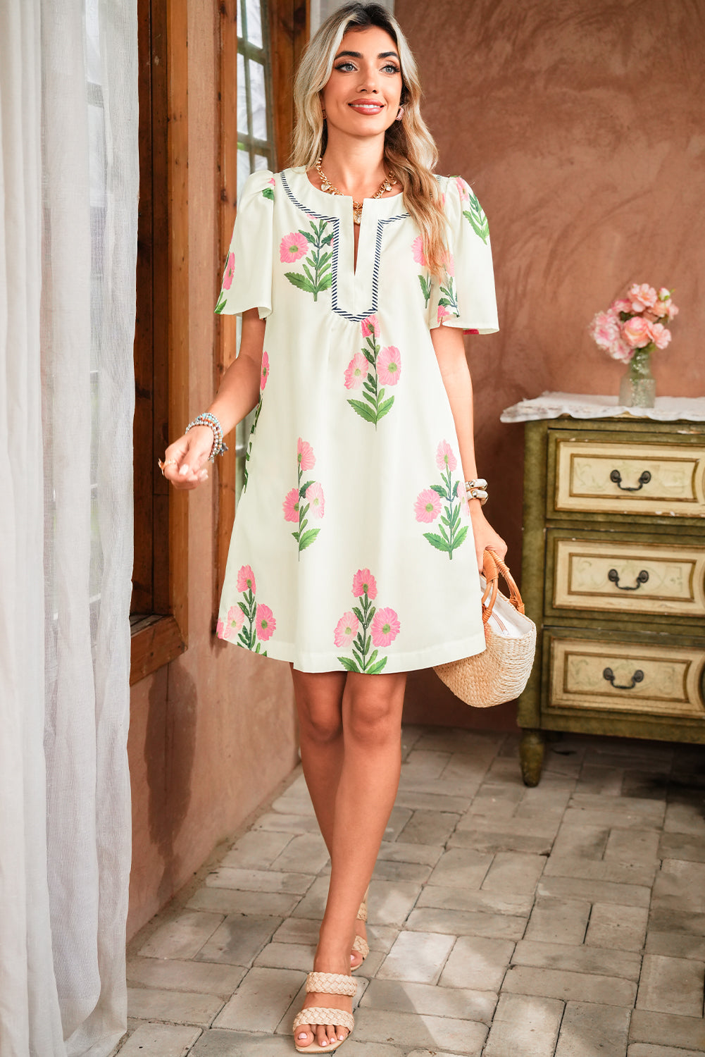 Striped Trim Short Sleeve Floral Mini Dress