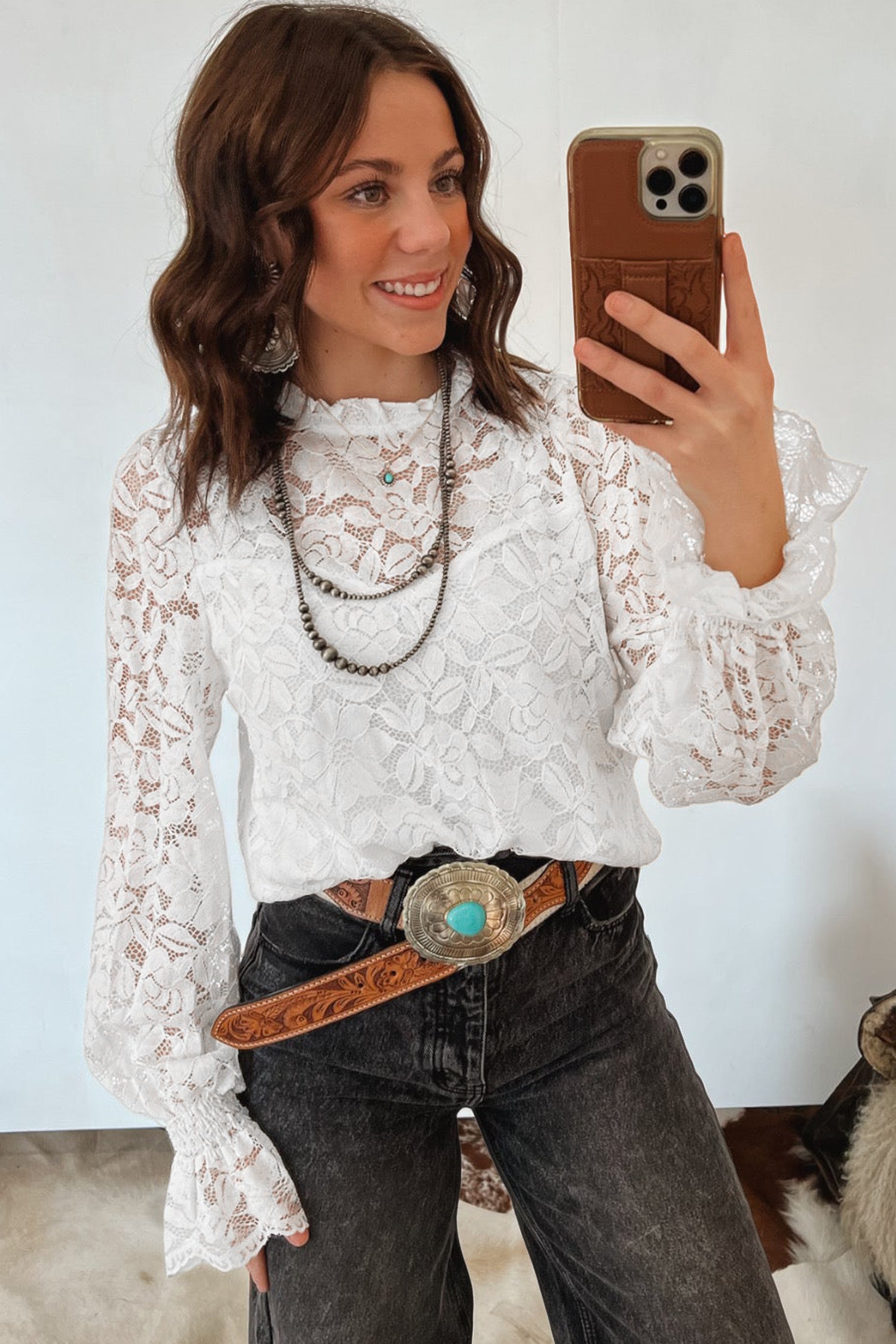 White Ruffled Long Sleeve Sheer Lace Top