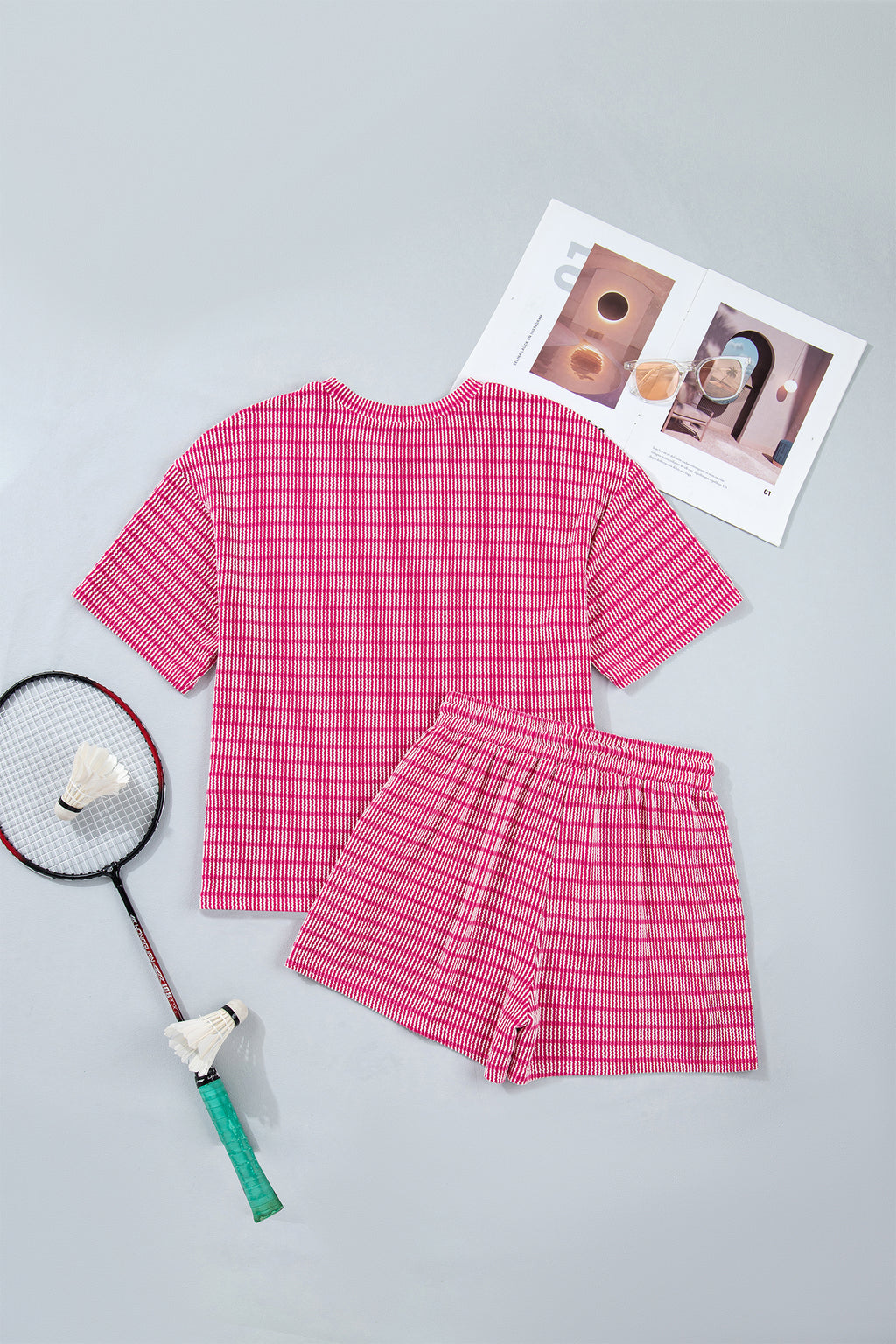 Sky Blue Stripe Raised Rib Loose Tee Drawstring Elastic Waist 2pcs Short Set
