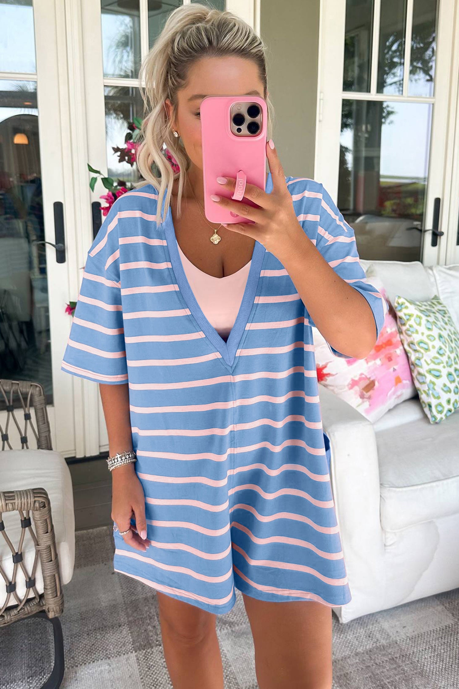 Stripe V Neck Short Sleeve Romper