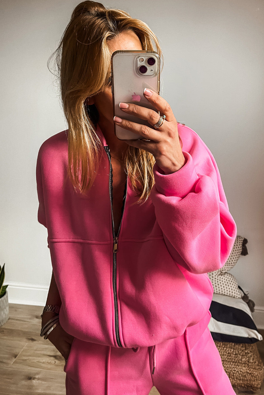 Zipper Jacket and Drawstring Waist Pants Set