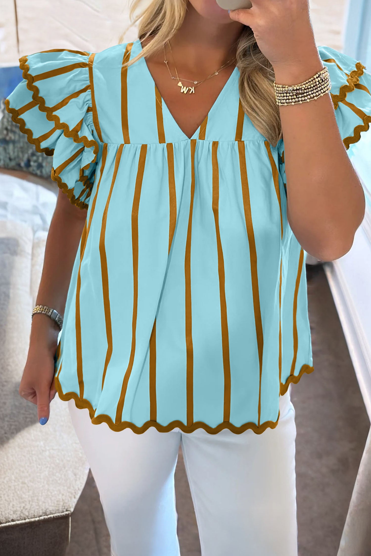 Stripe Ruffled Short Sleeve Blouse