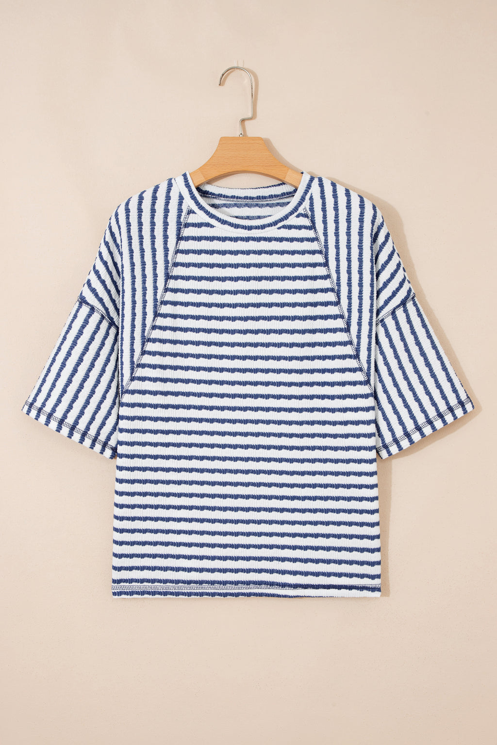 Apricot Stripe Textured Knit Split Hem Half Sleeve Loose Top