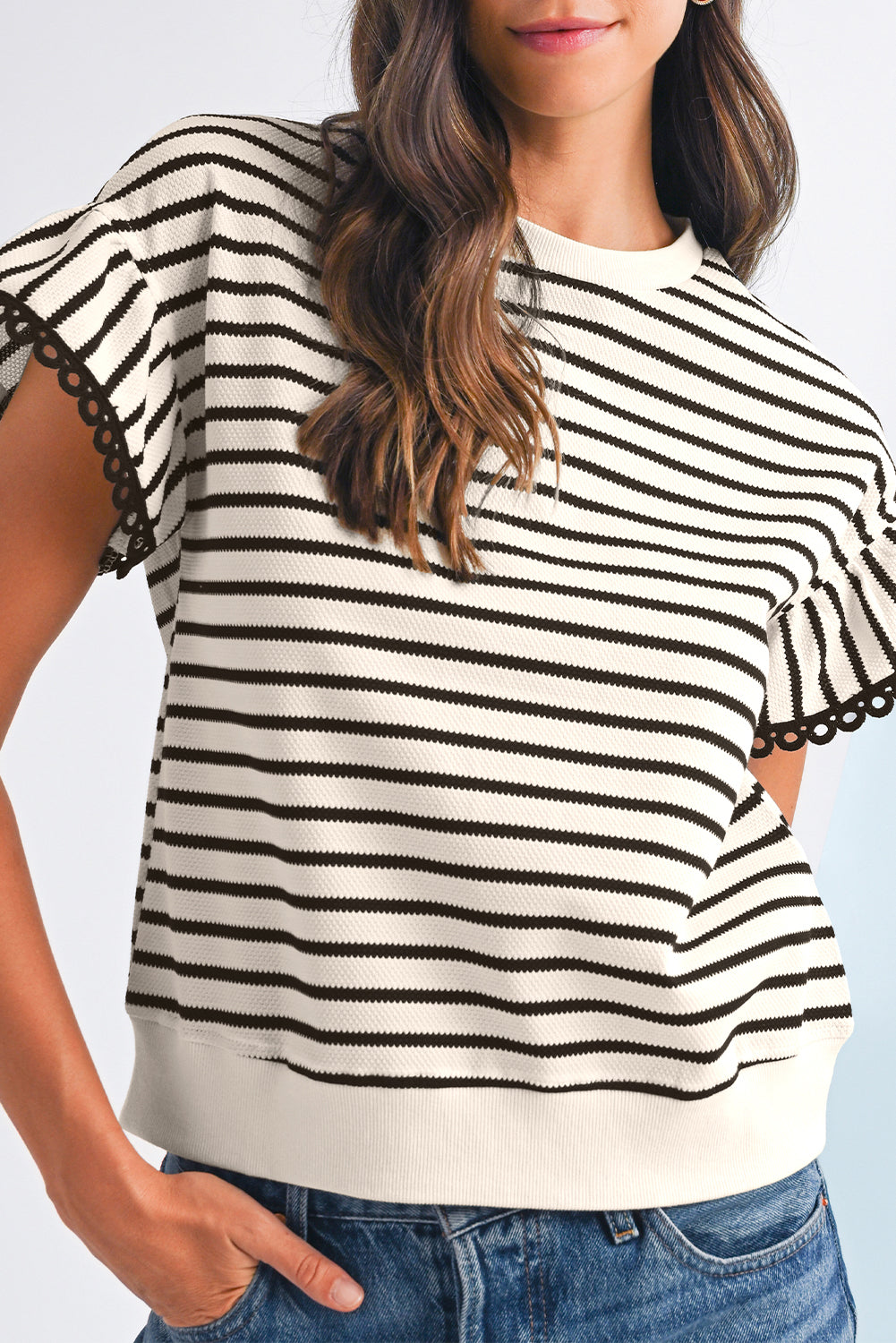 Black Stripe Scallop Ruffle Sleeves Top