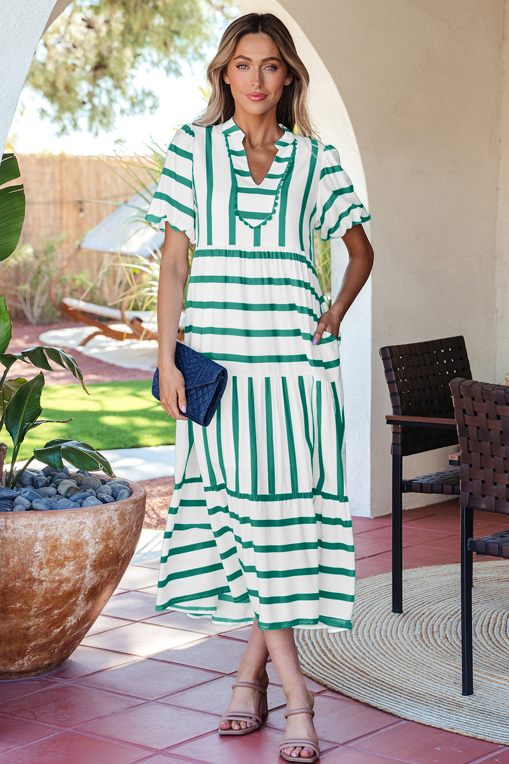 Stripe Ricrac Trim Notched Neck Half Sleeve Vacation Dress