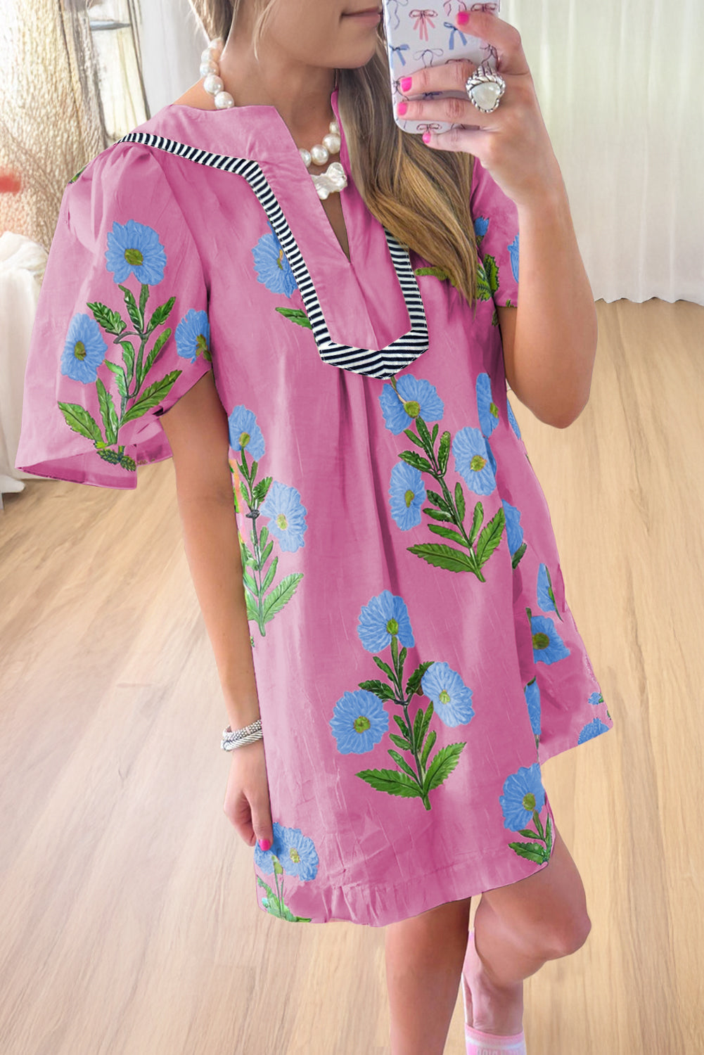 Striped Trim Short Sleeve Floral Mini Dress
