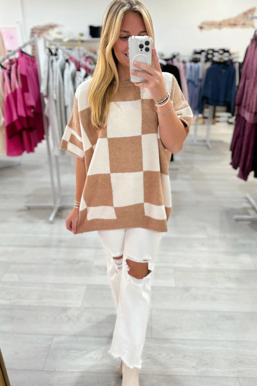 Checkered Pattern Loose Short Sleeve Sweater