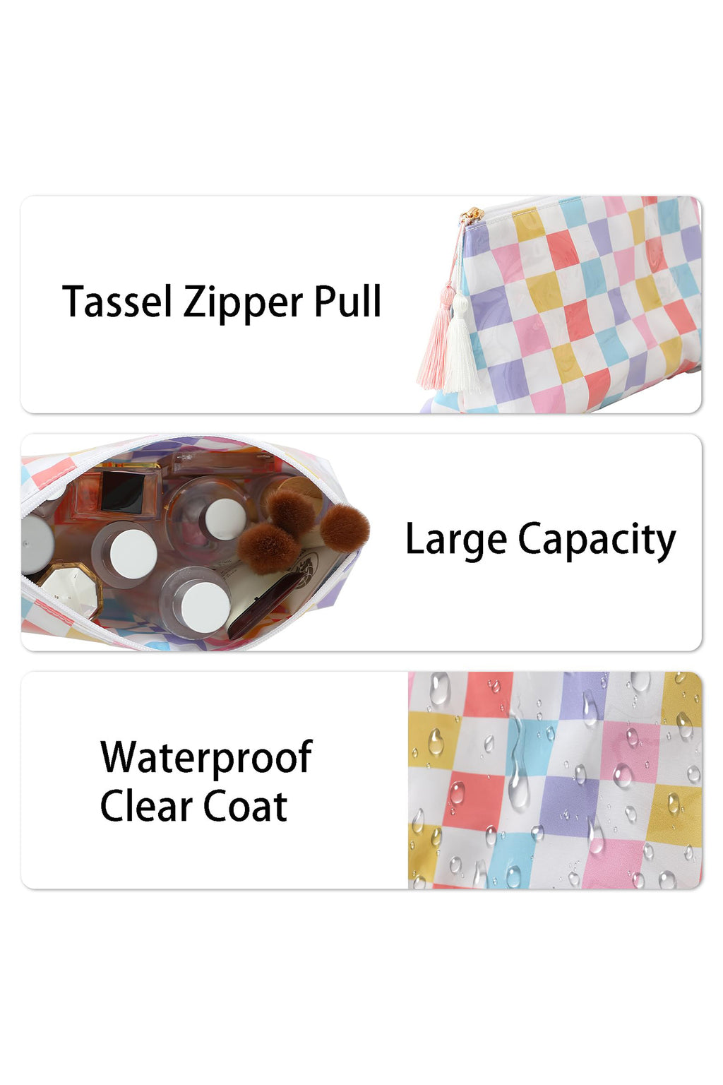 Checkered Vinyl Waterproof Tassel Makeup Bag