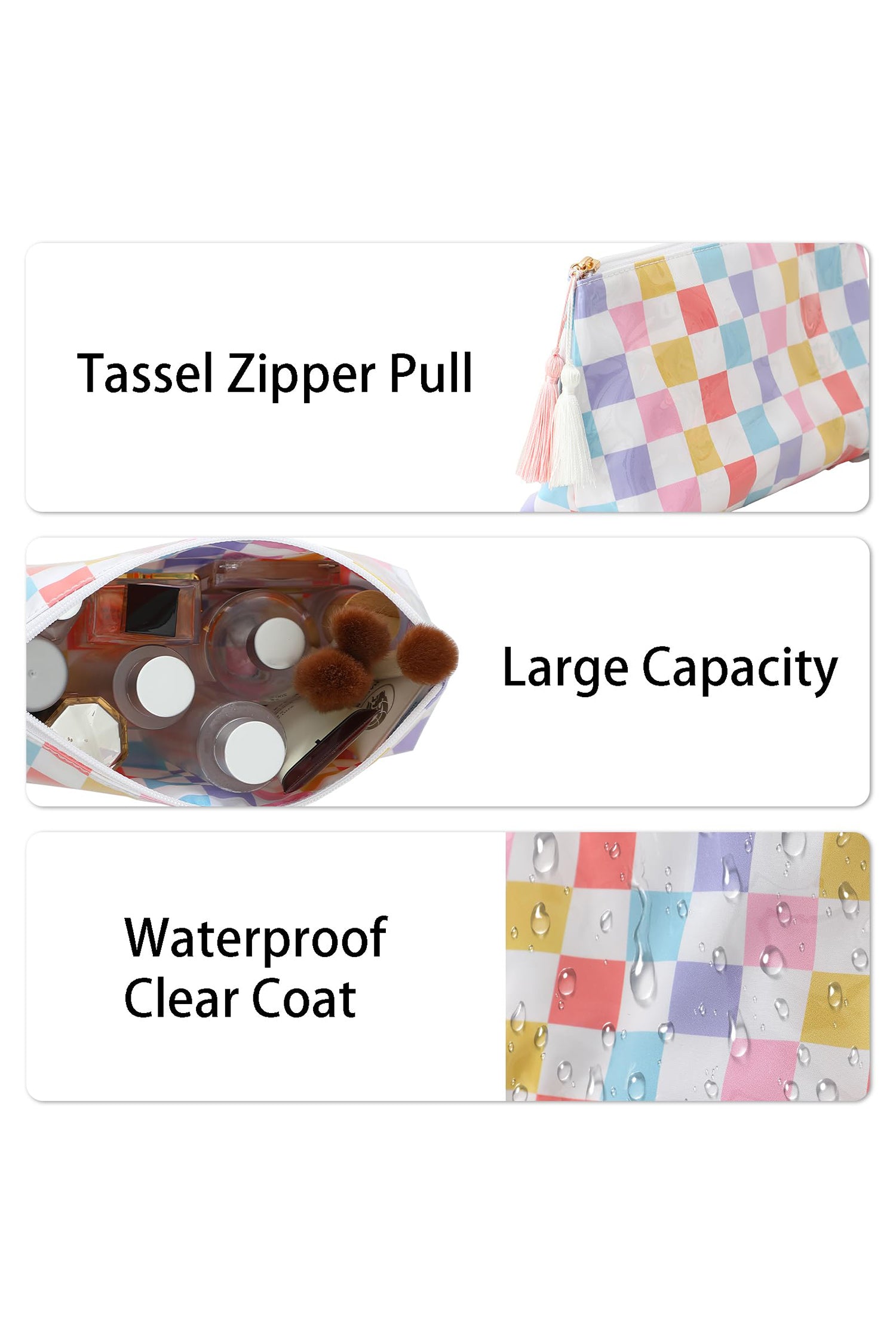 Checkered Vinyl Waterproof Tassel Makeup Bag