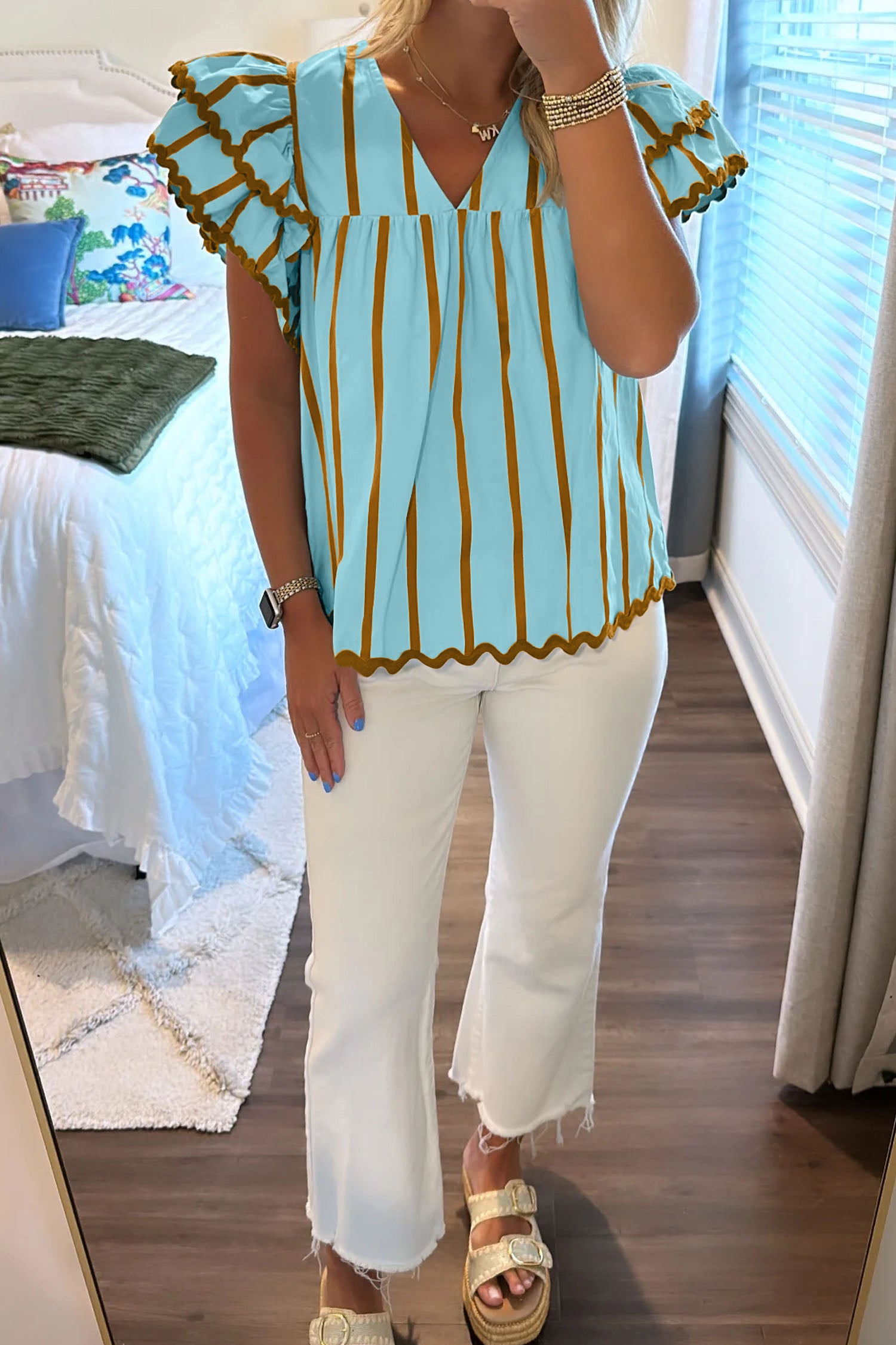 Stripe Ruffled Short Sleeve Blouse