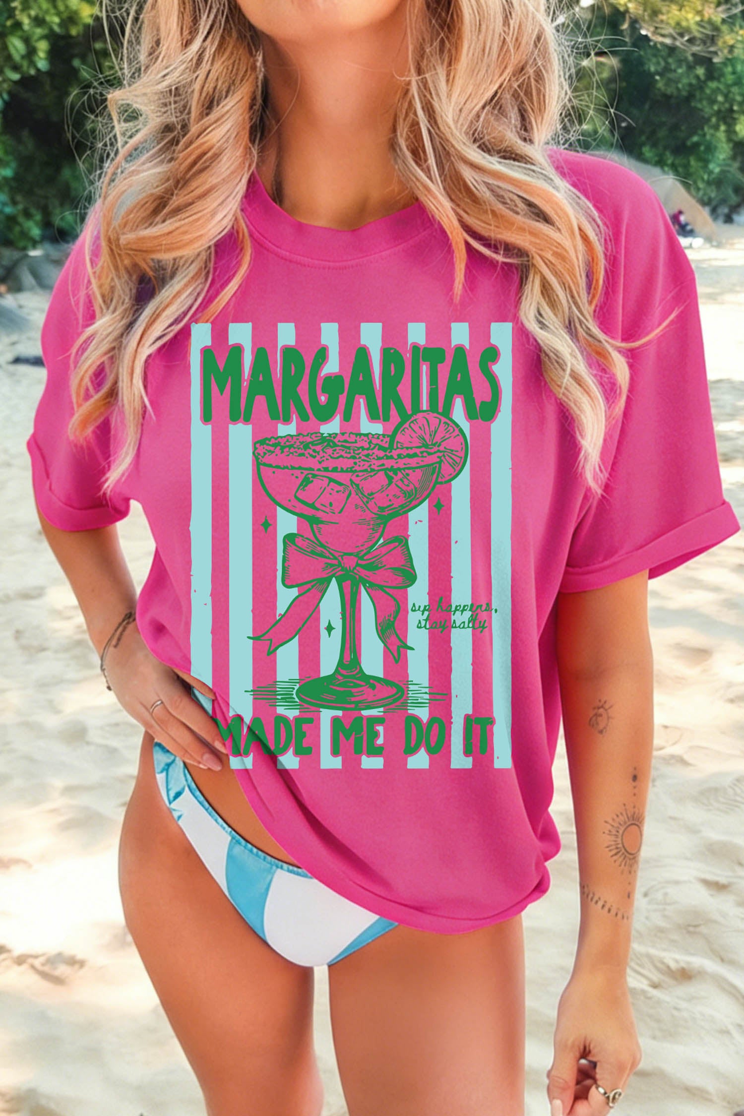 Margaritas Made Me Do It Striped Graphic Beach Vacation Tee