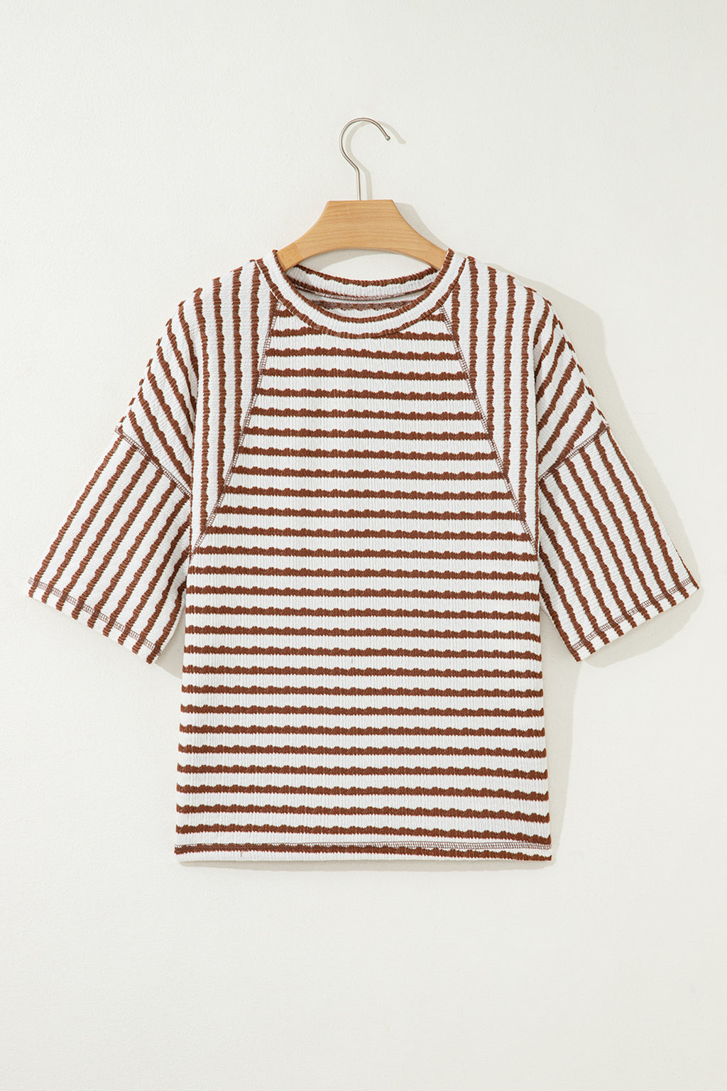 Apricot Stripe Textured Knit Split Hem Half Sleeve Loose Top
