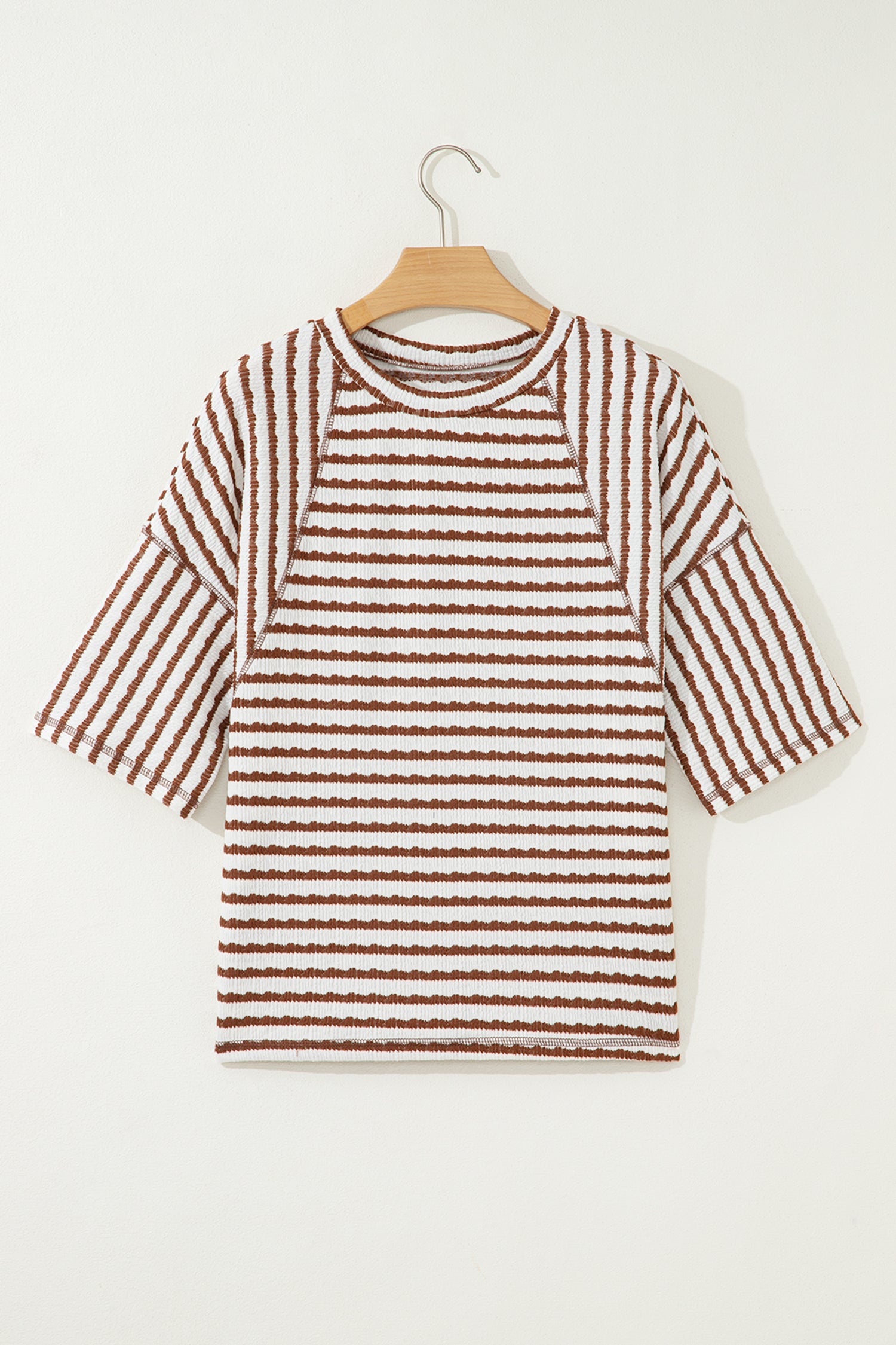 Apricot Stripe Textured Knit Split Hem Half Sleeve Loose Top
