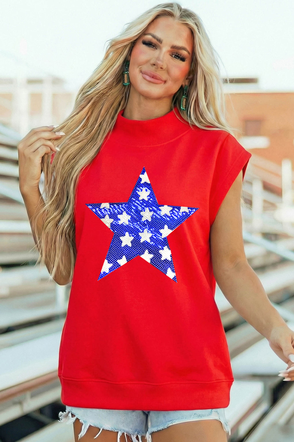 High Neck Sleeveless Star Print Casual Shift Tunic Top