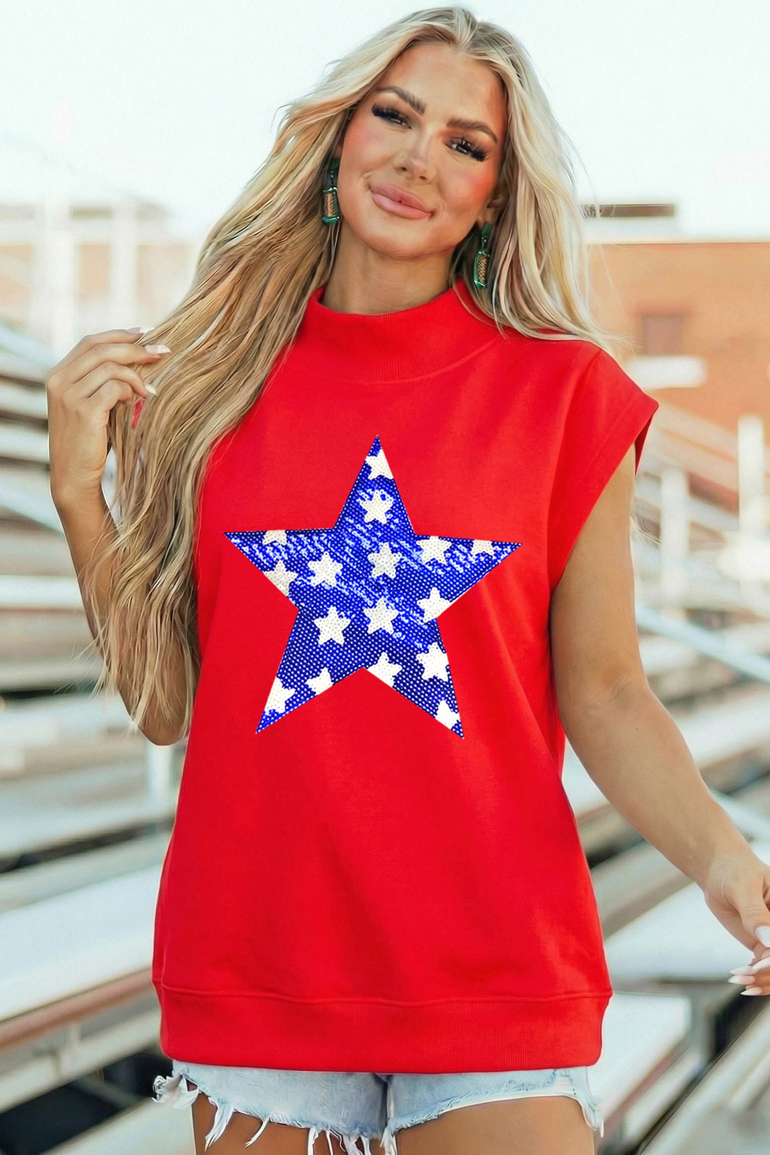 High Neck Sleeveless Star Print Casual Shift Tunic Top