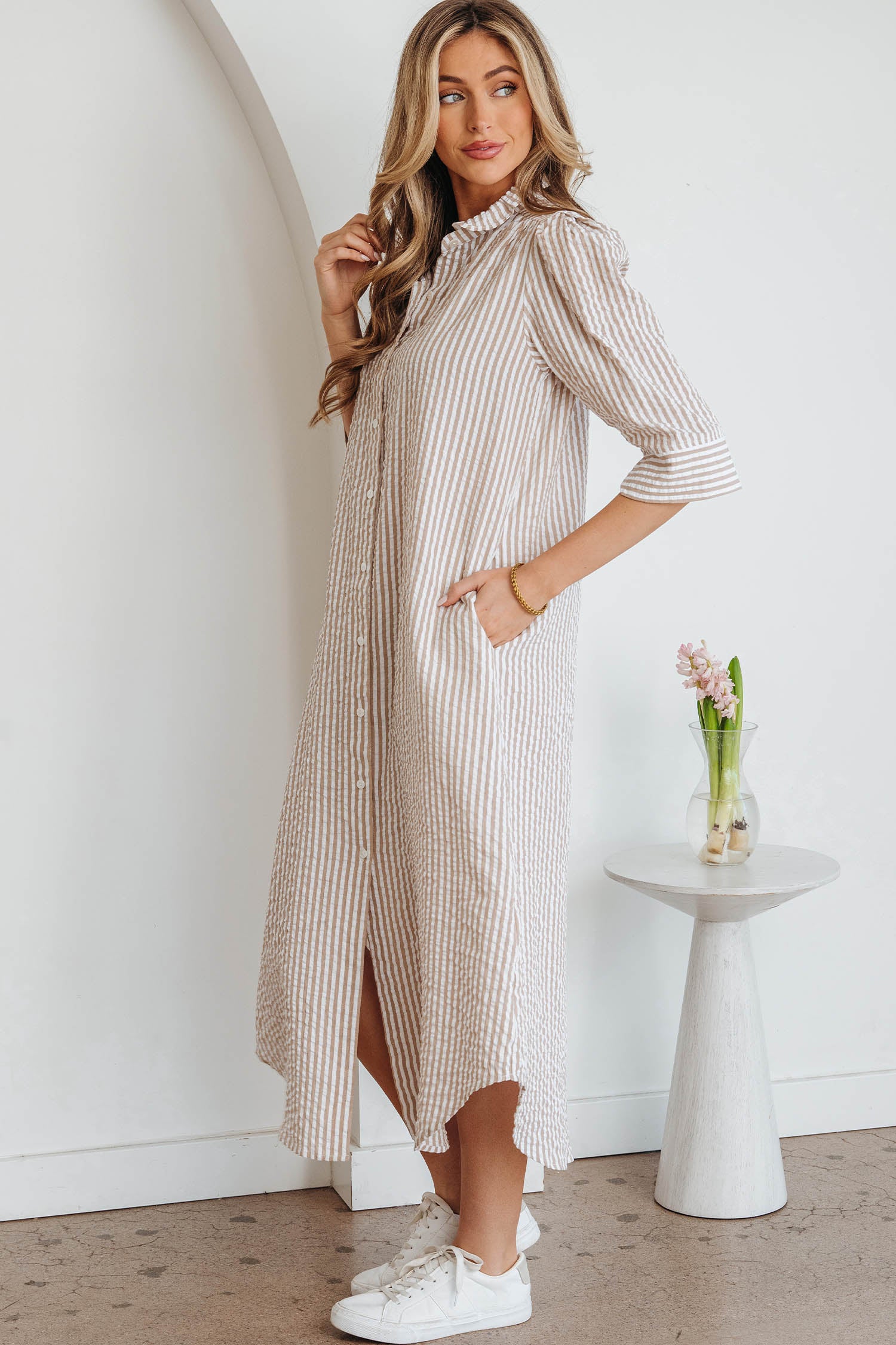 Stripe Frilled Collar Half Sleeve Shirt Maxi Dress