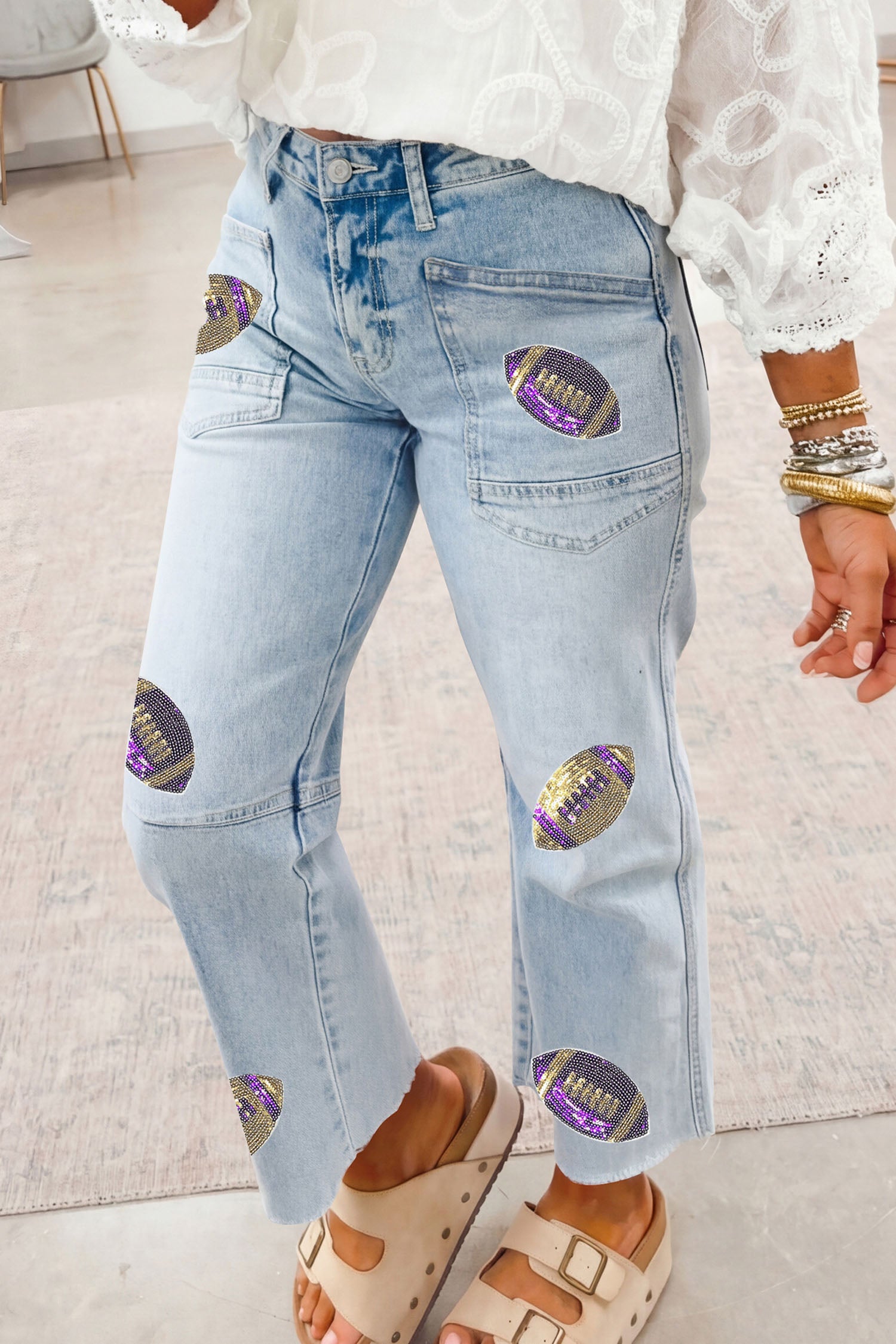 Sequin Rugby Patch Ankle Length Casual Jeans