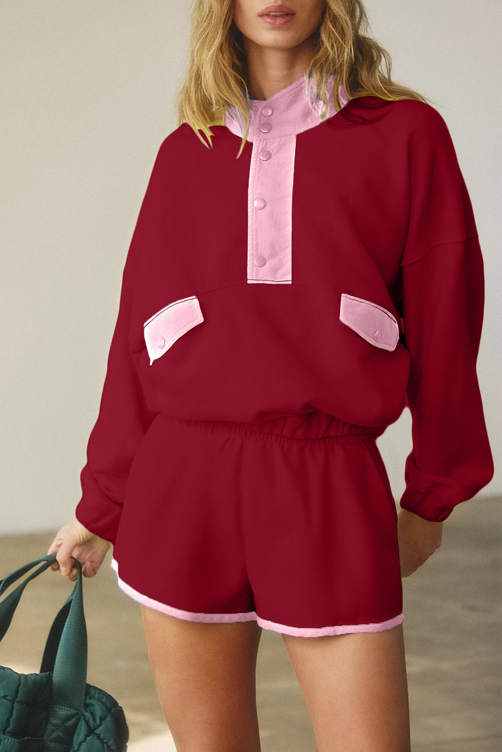Half Button Pullover and Shorts Outfit