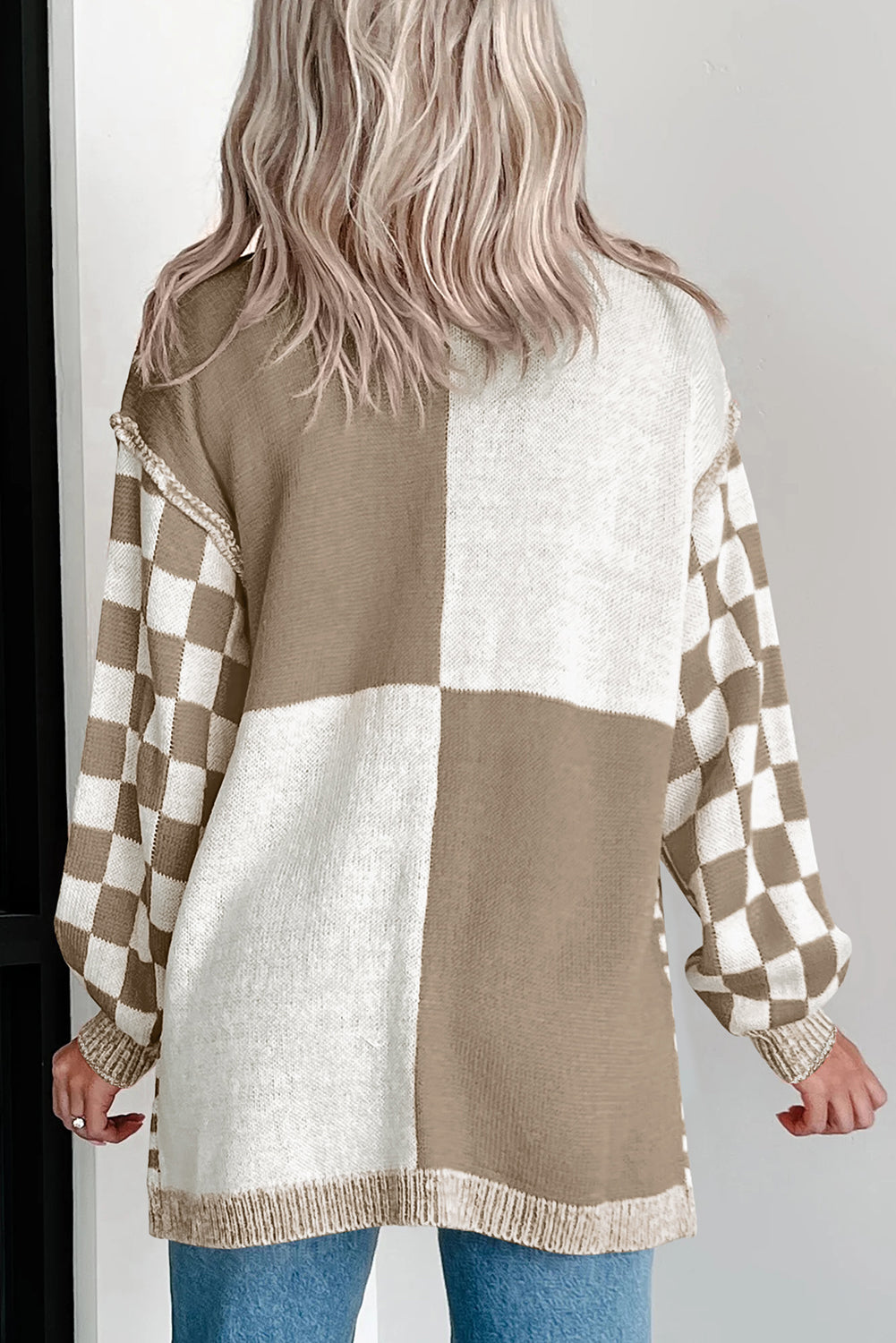 Checkered Open Front Drop Shoulder Cardigan