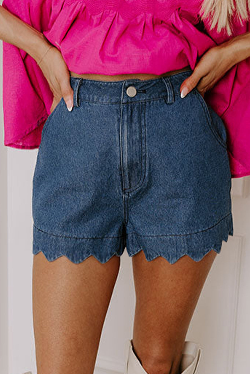 Scalloped Hemline Light Wash Denim Shorts