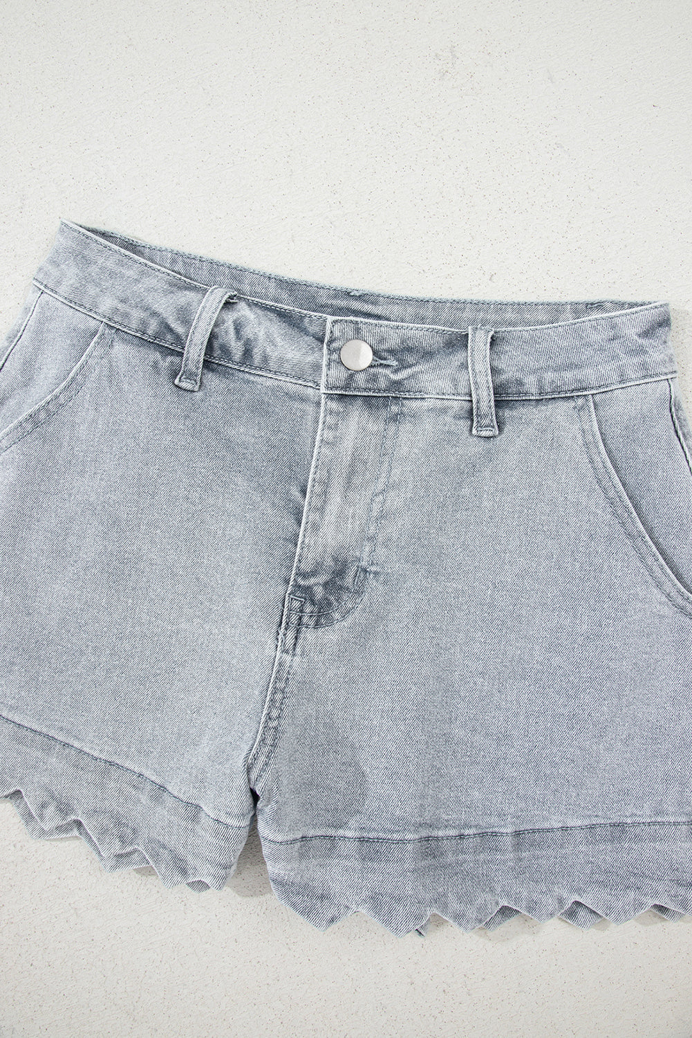 Scalloped Hemline Light Wash Denim Shorts
