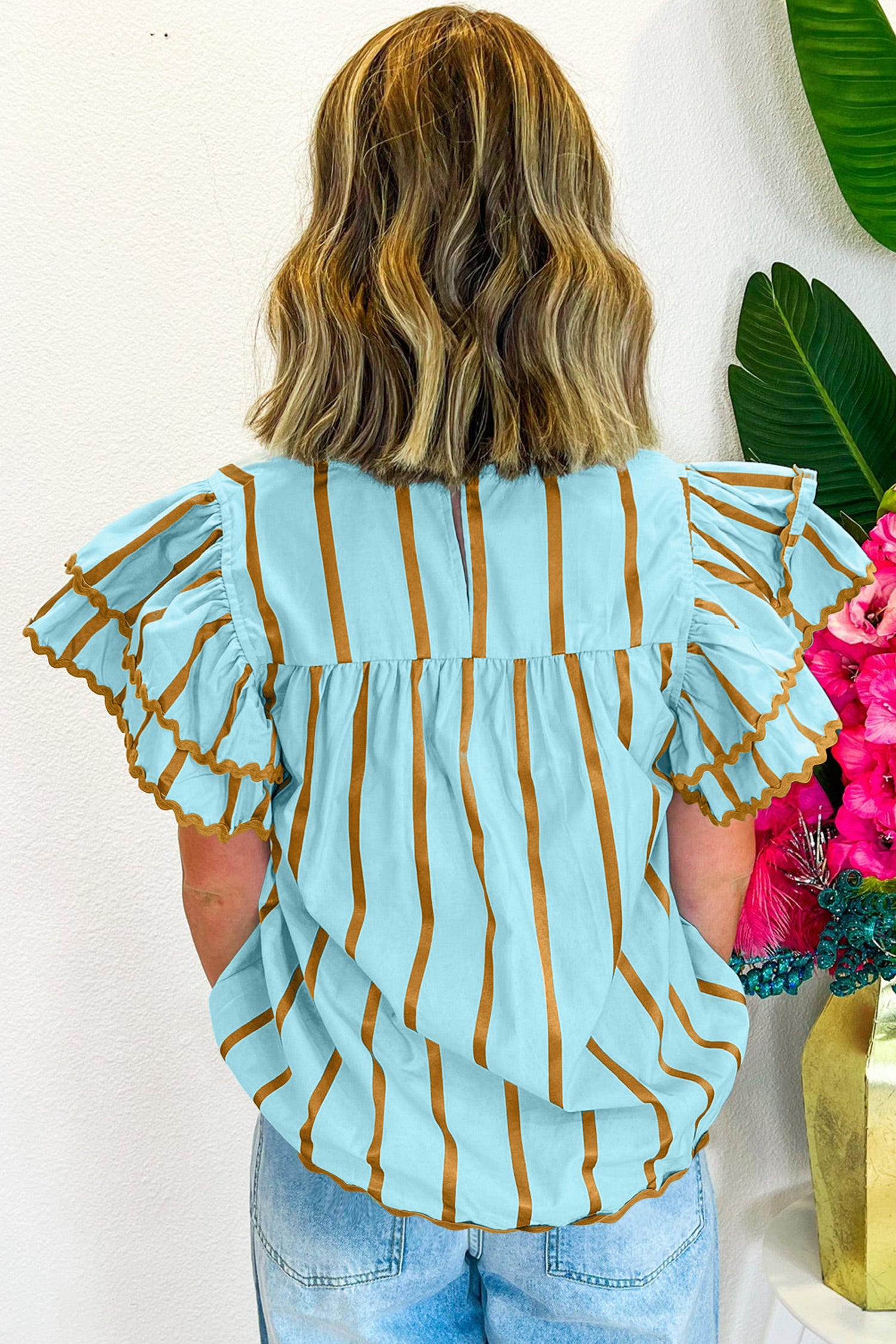 Stripe Ruffled Short Sleeve Blouse