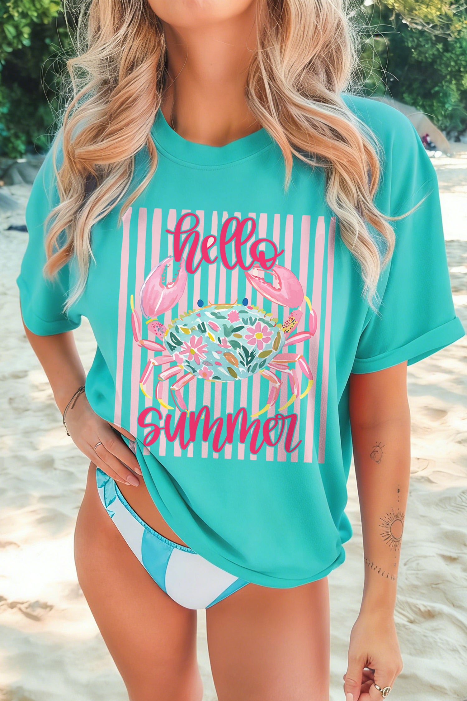 Hello Summer Crab Print Loose Fit Short Sleeve T-Shirt