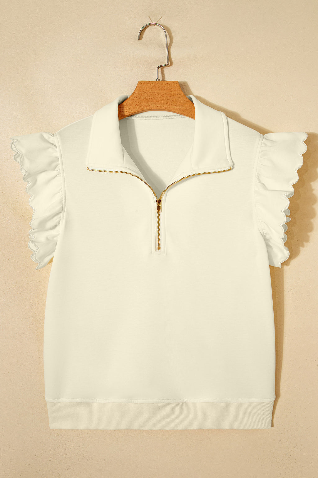 Zip up Collared Ruffled Short Sleeve Blouse
