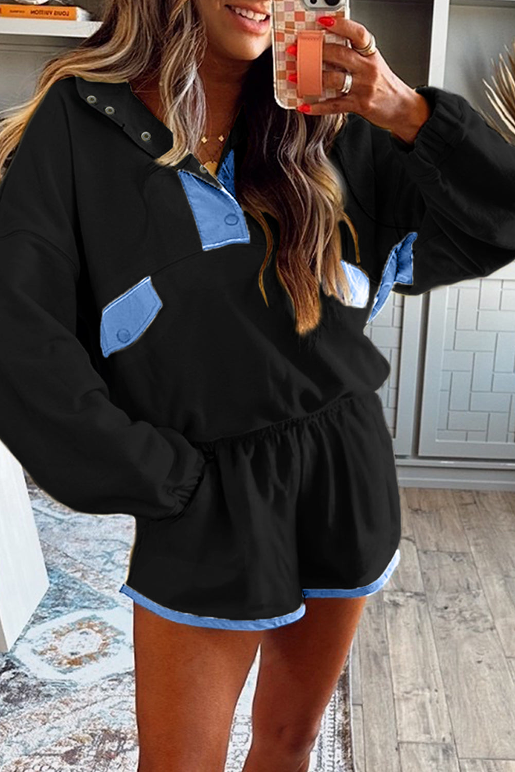 Half Button Pullover and Shorts Outfit