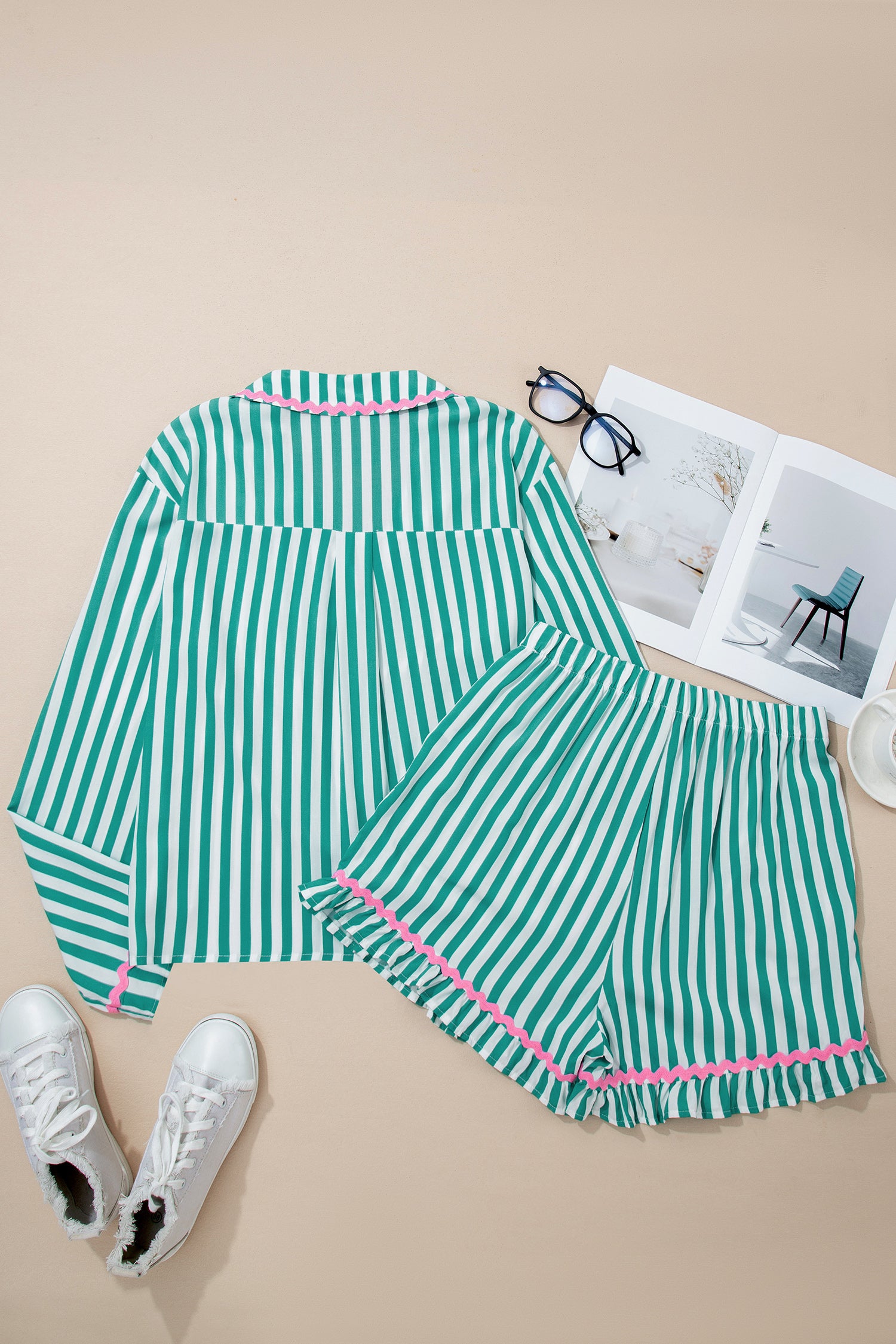 Long Sleeve Shirt Drawstring Ruffled Pajama Short Set