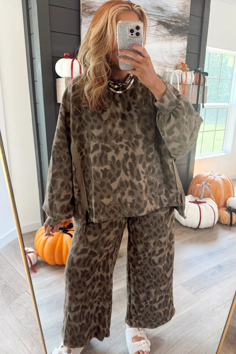 Leopard Print Pullover Drawstring Loose Pants Set