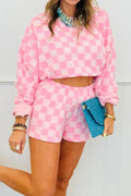 Checkered Long Sleeve Crop Top Two Piece Set