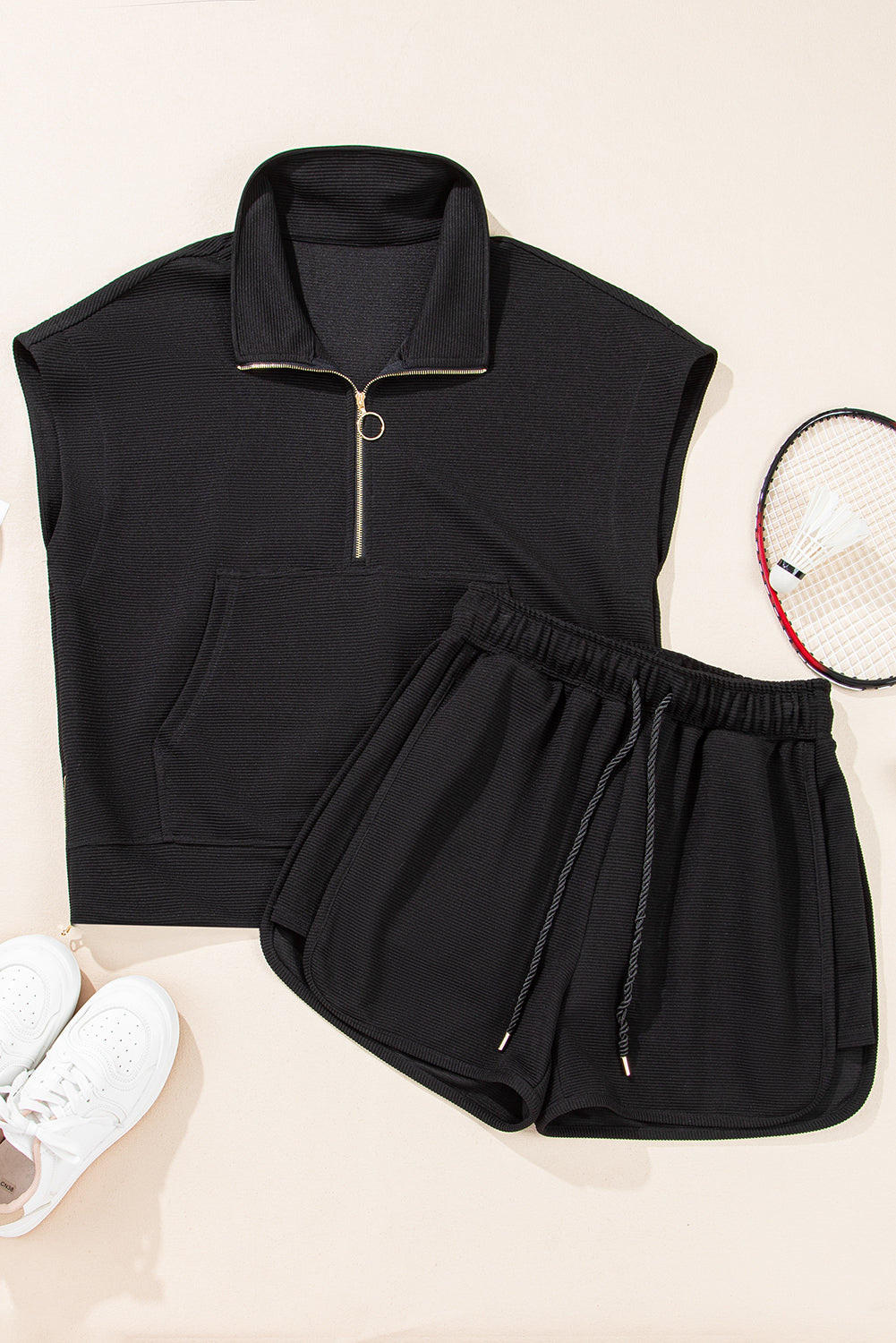 Half Zip Kangaroo Pocket Top Shorts Set