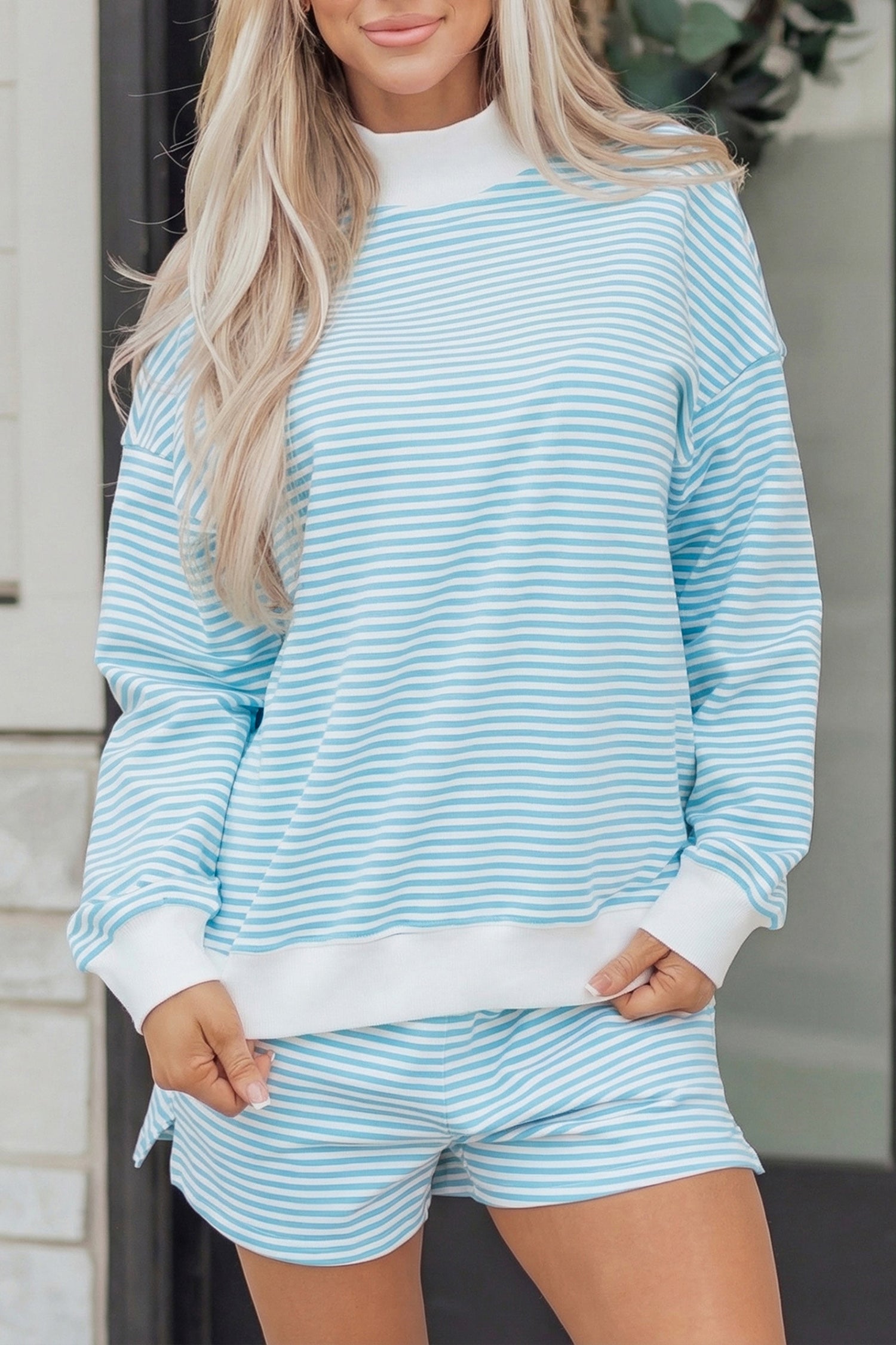 Stripe Oversize Mock Neck Sweatshirt and Shorts Set