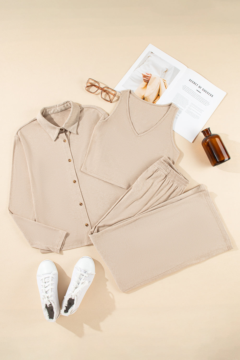 Button Up Cardigan and Pants 3pcs Pajama Set