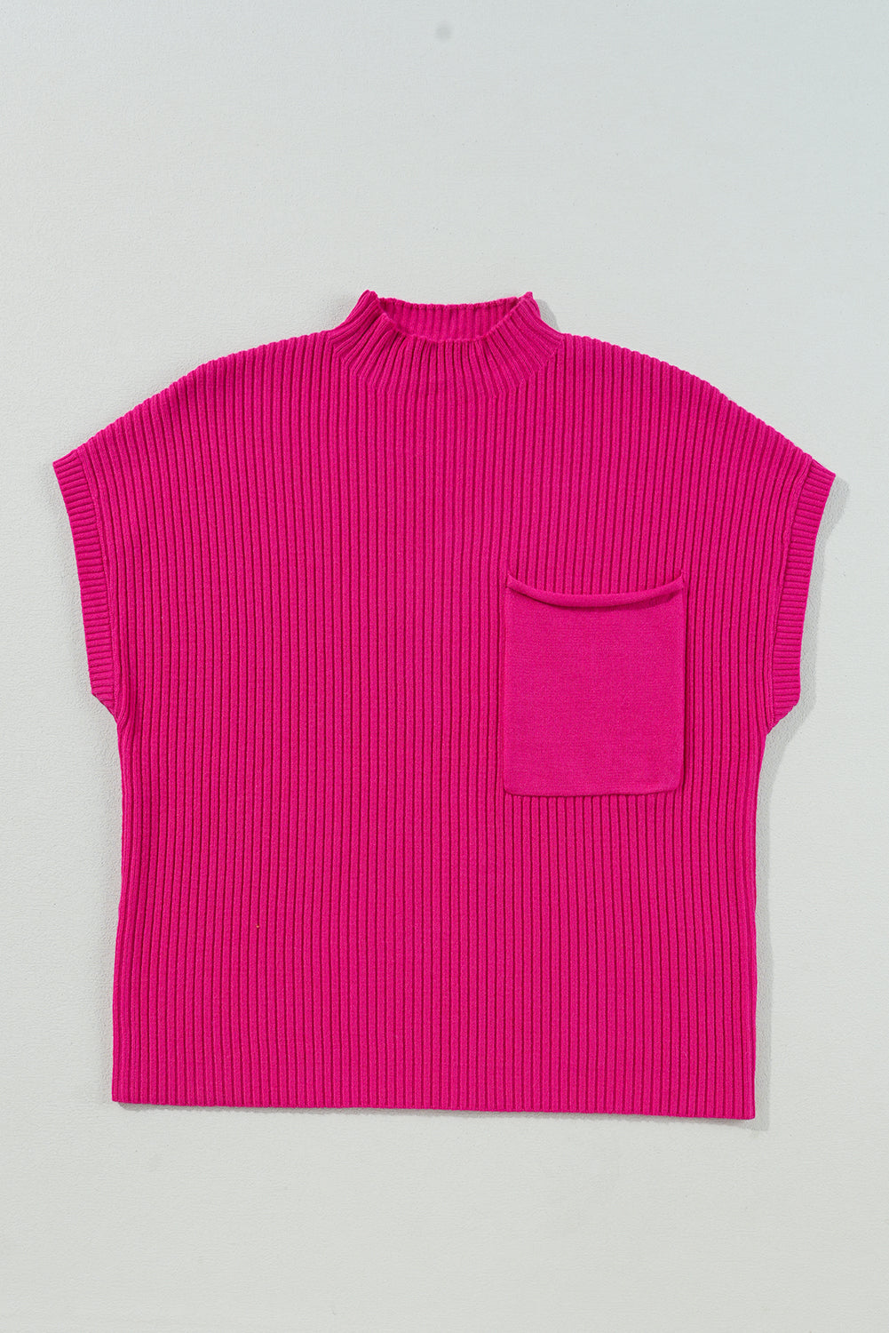 Gray Patch Pocket Ribbed Knit Short Sleeve Sweater