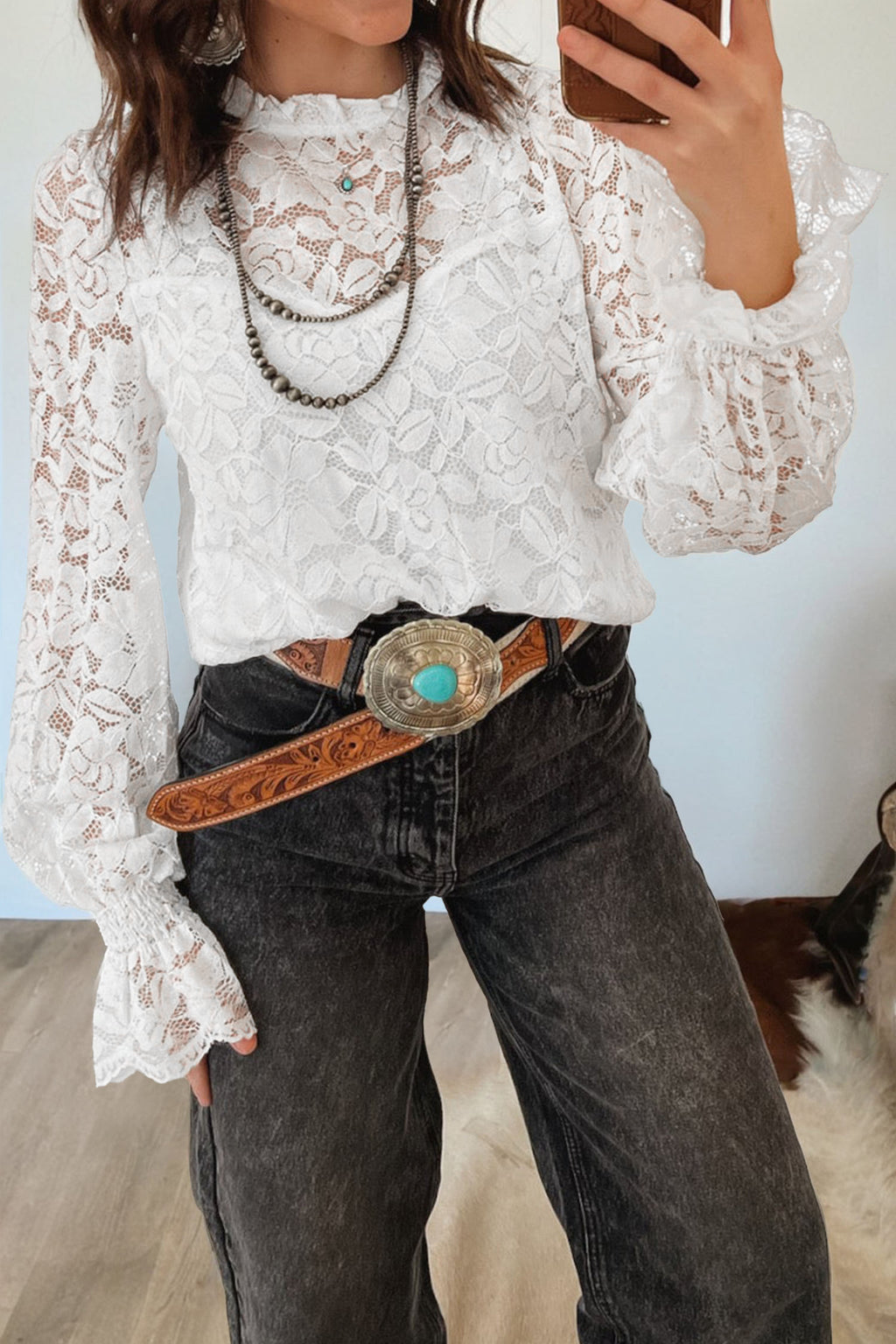 White Ruffled Long Sleeve Sheer Lace Top