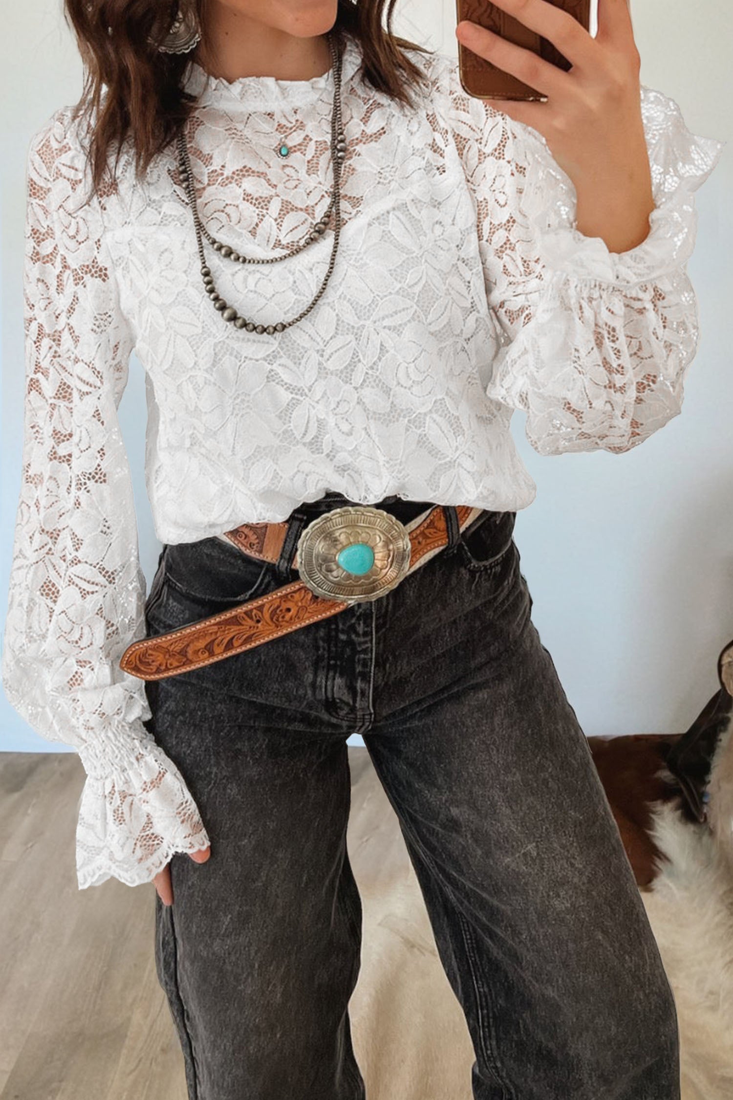 White Ruffled Long Sleeve Sheer Lace Top