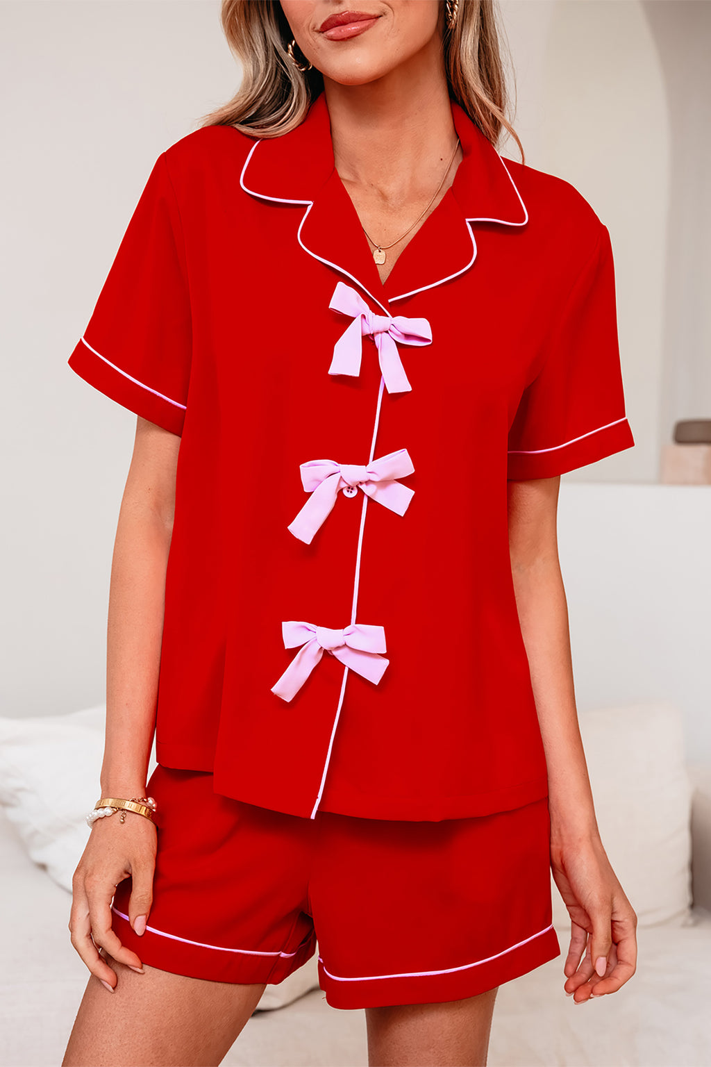 Ribbon Bow Short Silky 2pcs Pajama Set