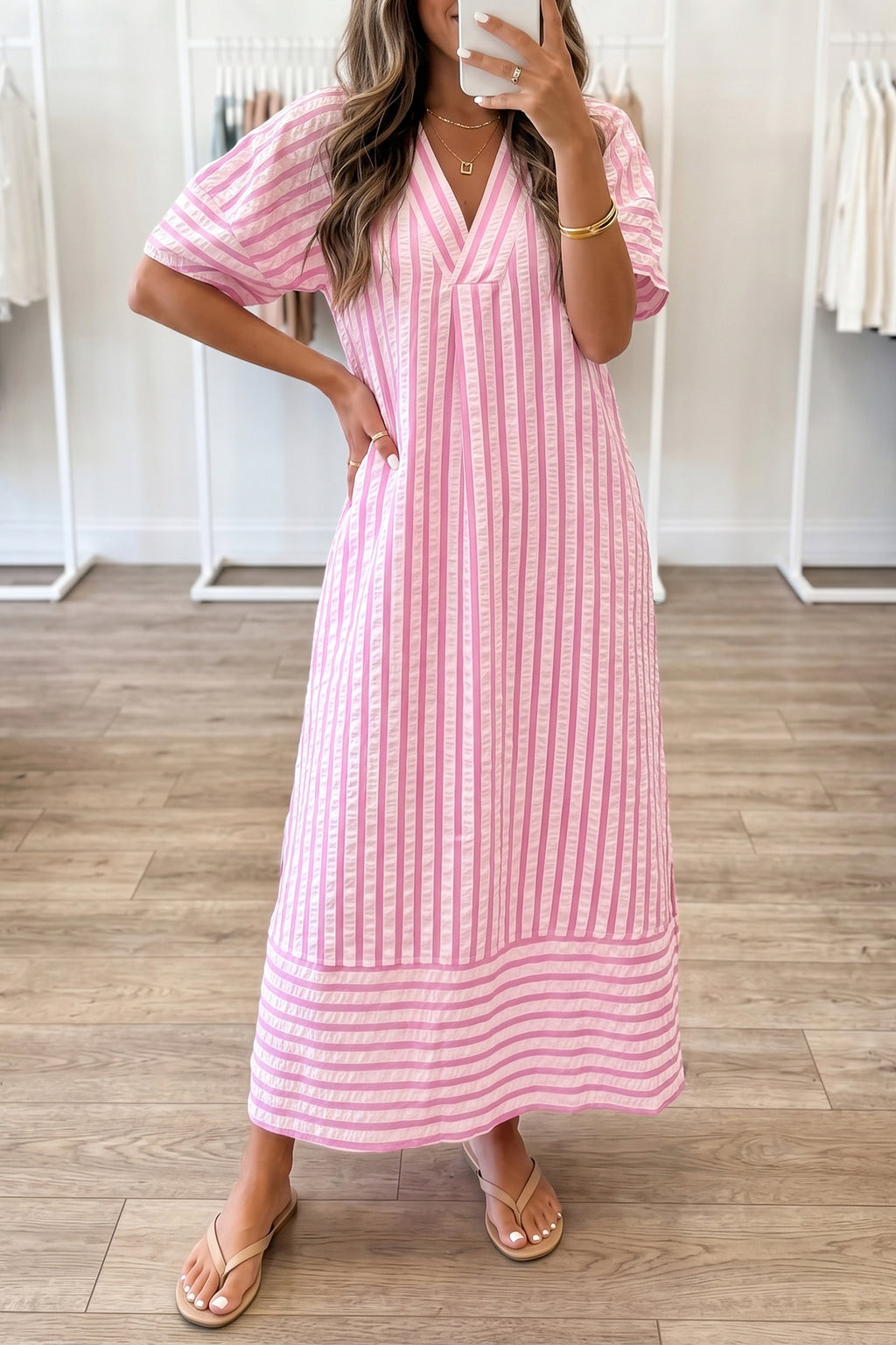 Pink Short Sleeve Shift Long Dress
