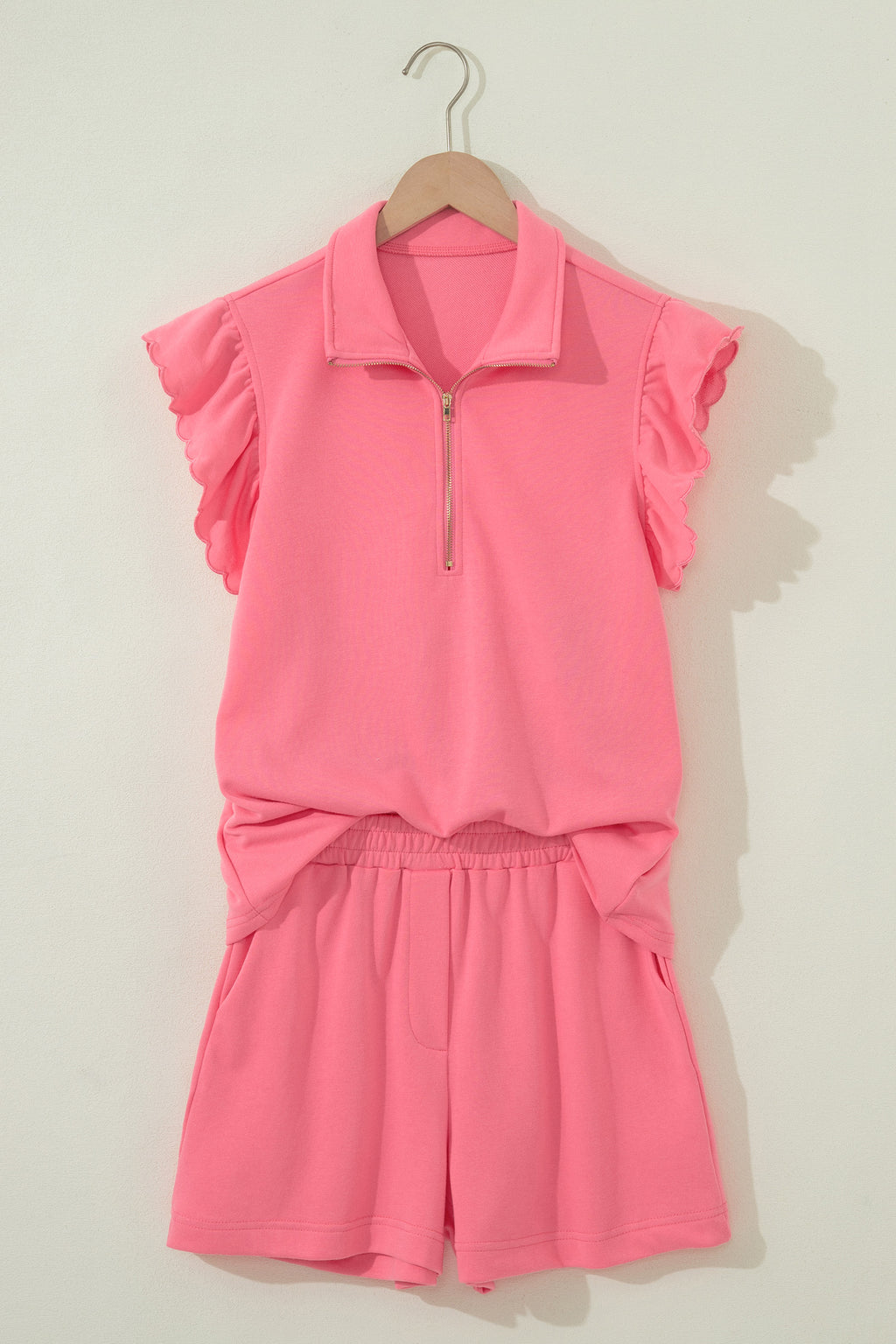 Half Zip Ruffled Short Set