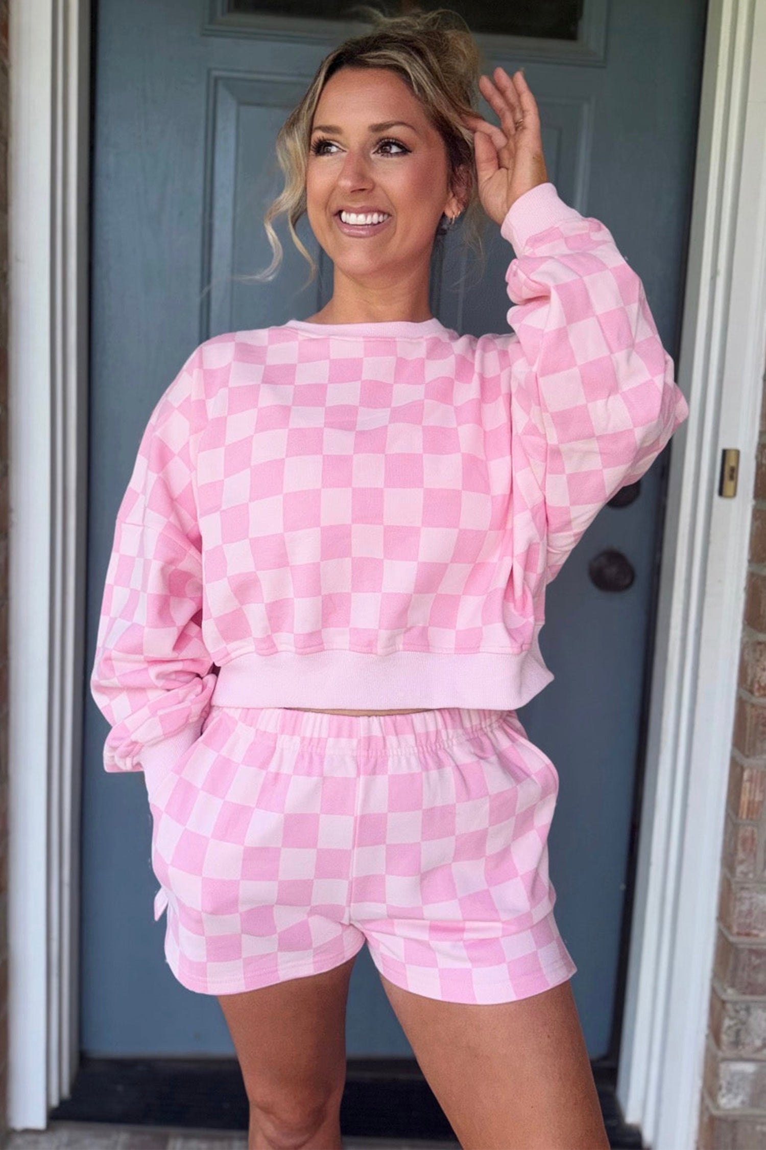 Checkered Long Sleeve Crop Top Two Piece Set