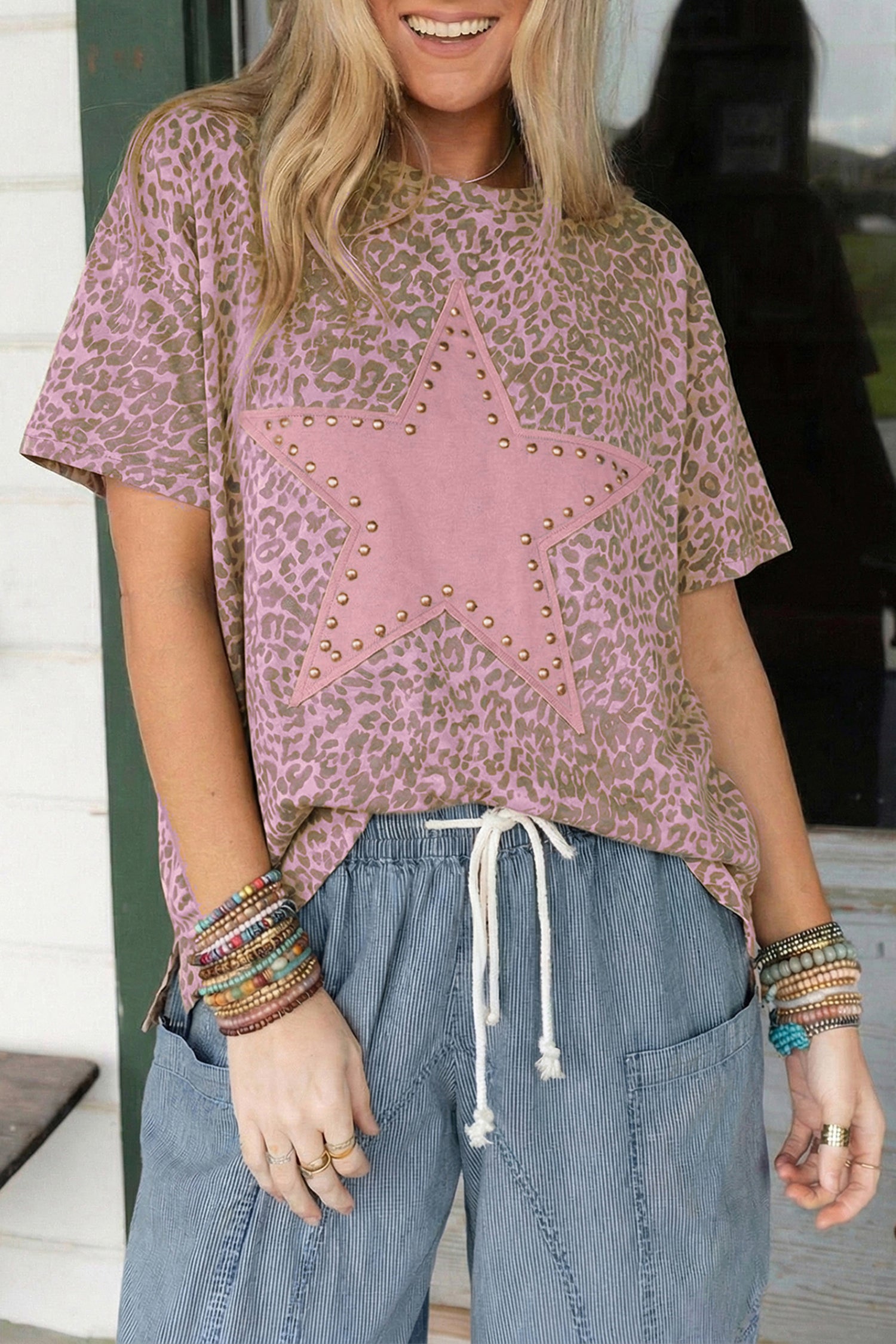 Leopard Retro Studded Star Loose Tee