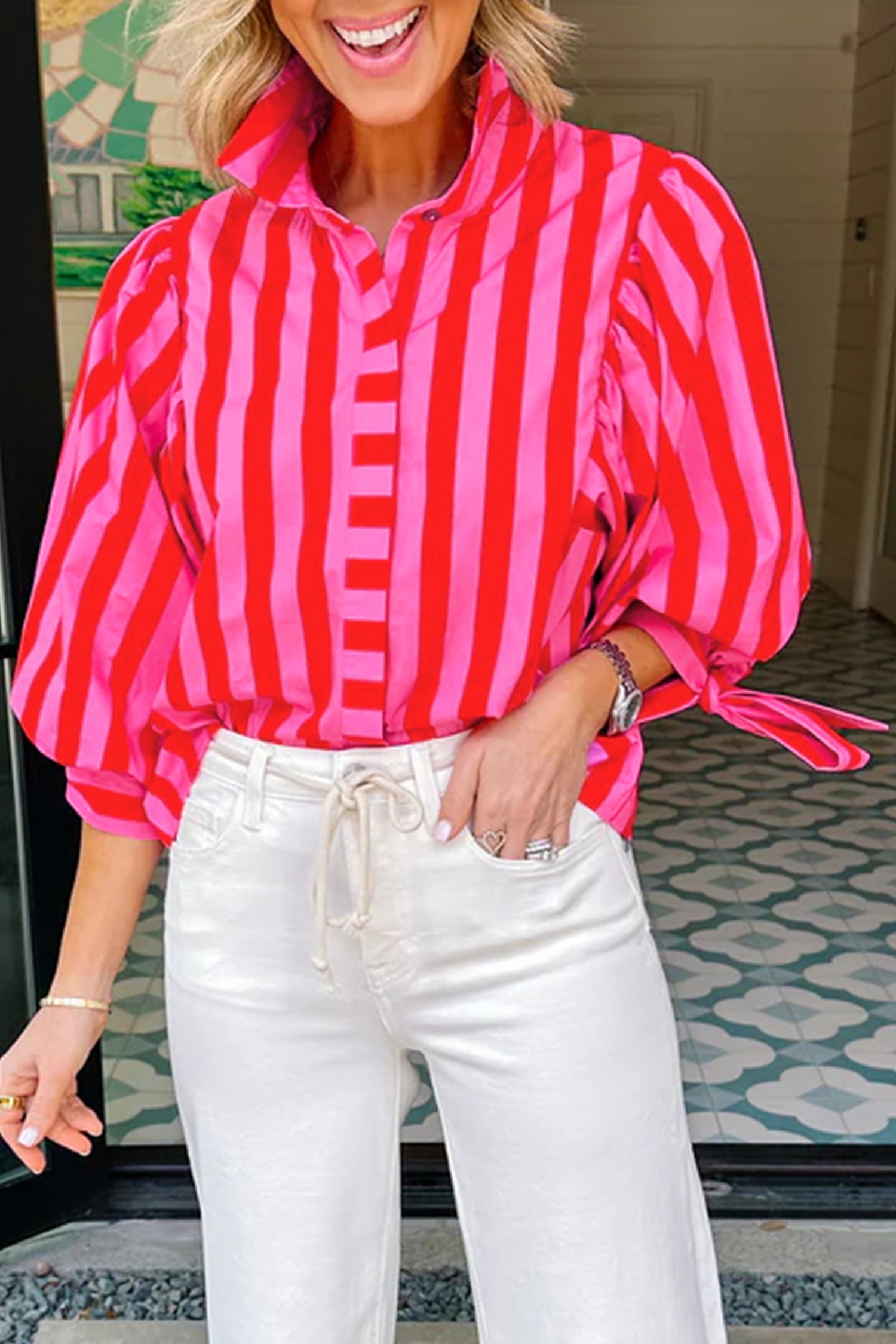 Stripe Tie Puff Sleeve Womens Button Down Shirt